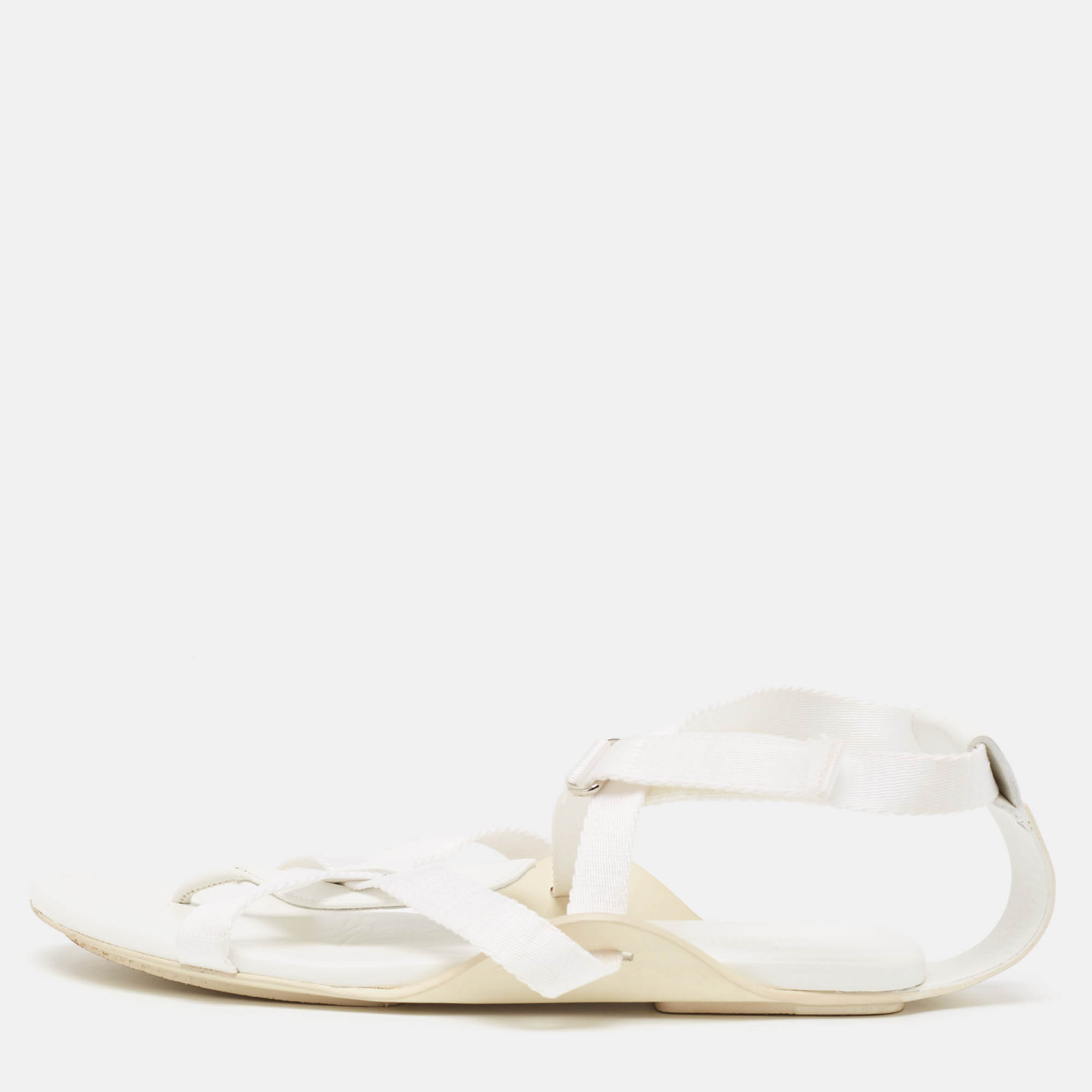 

Hermes White Leather and Fabric Strappy Flat Sandals Size