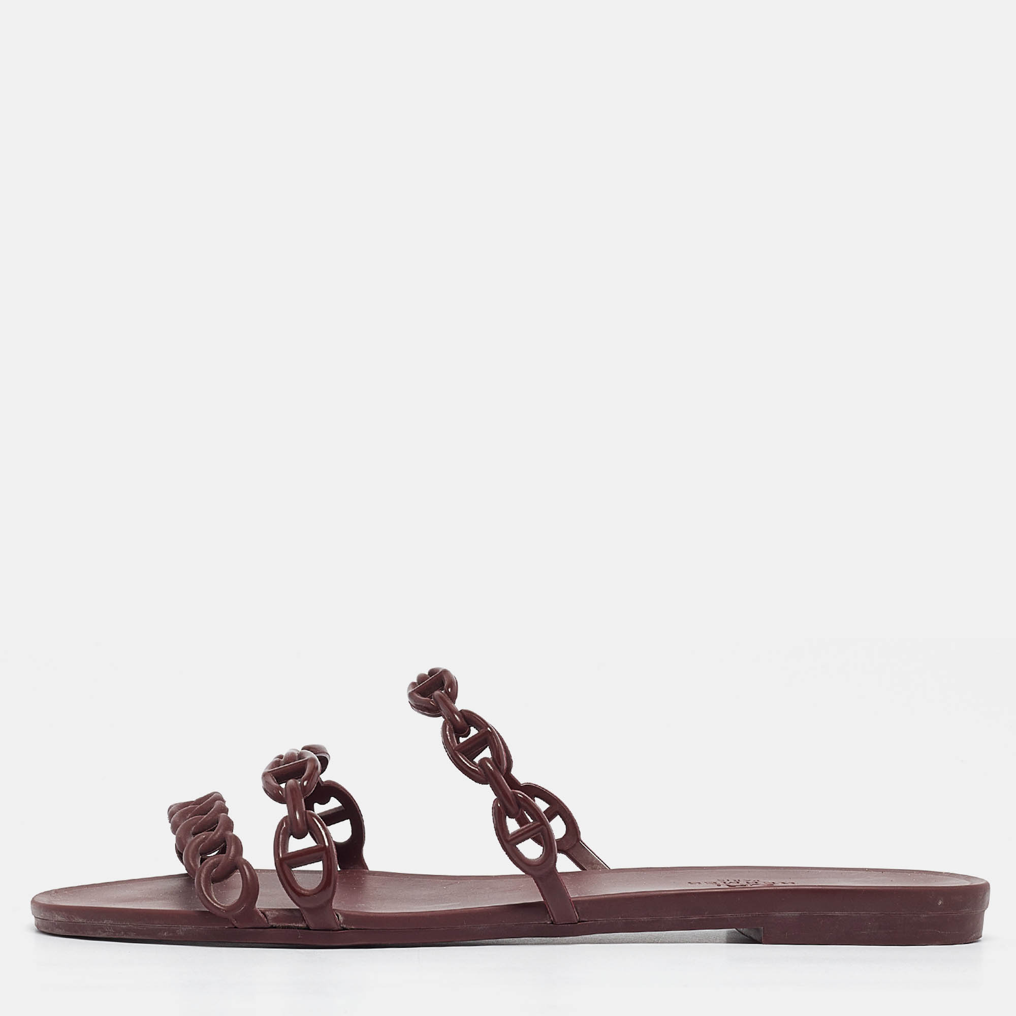 

Hermes Burgundy Rubber Chaine d'Ancre Rivage Flat Slides Size