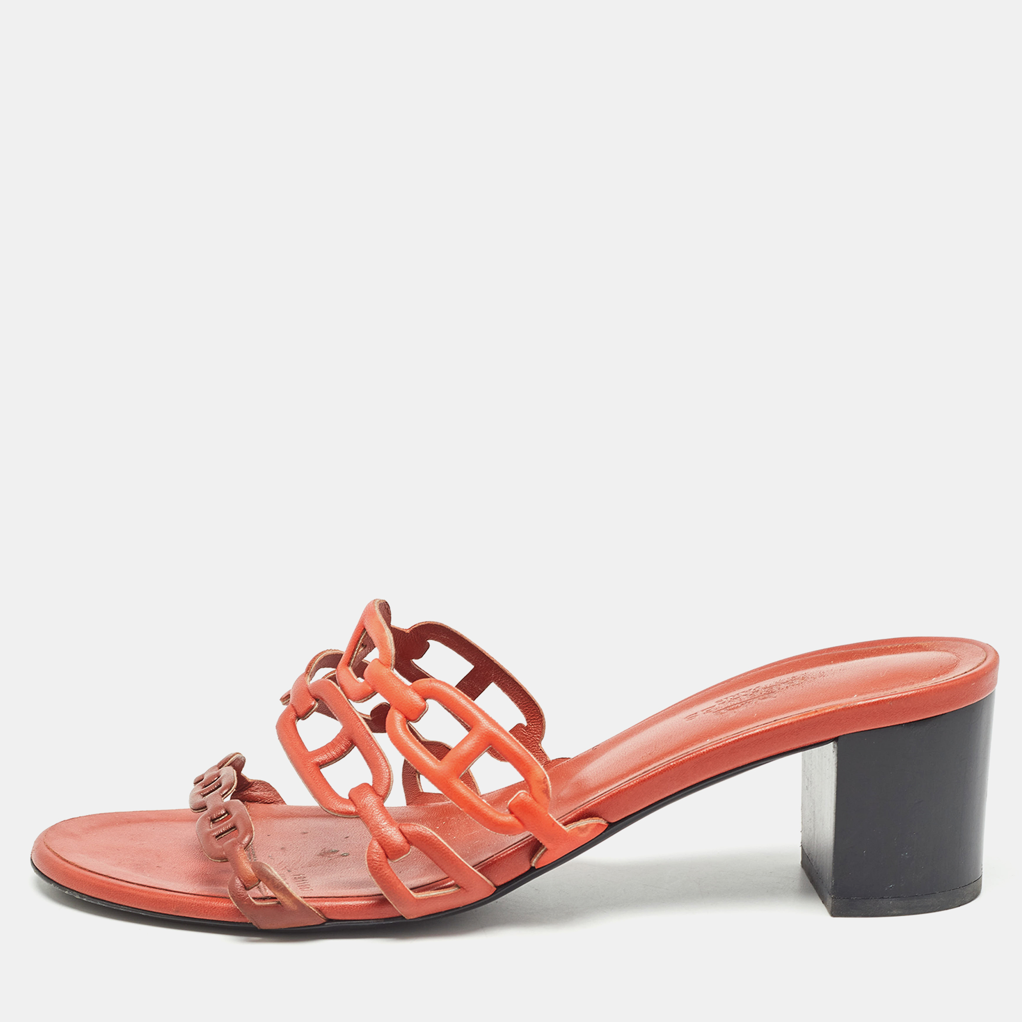 

Hermes Orange/Brown Leather Tandem Sandals Size