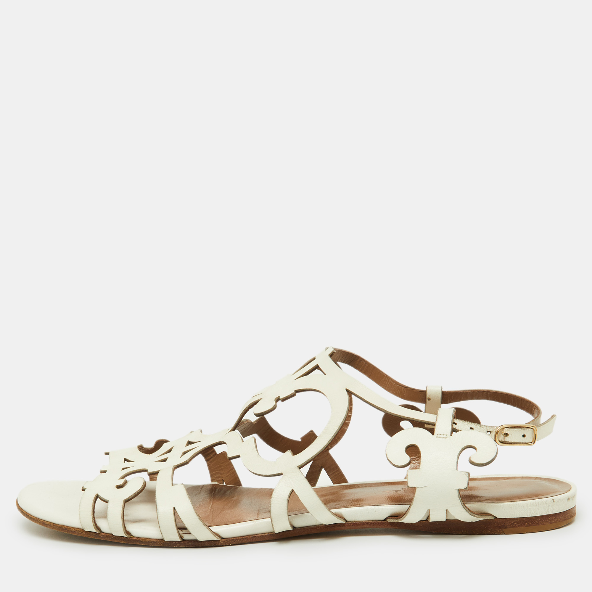 Pre-owned Hermes White Leather Karlotta Cut Out Flat Sandals Size 39