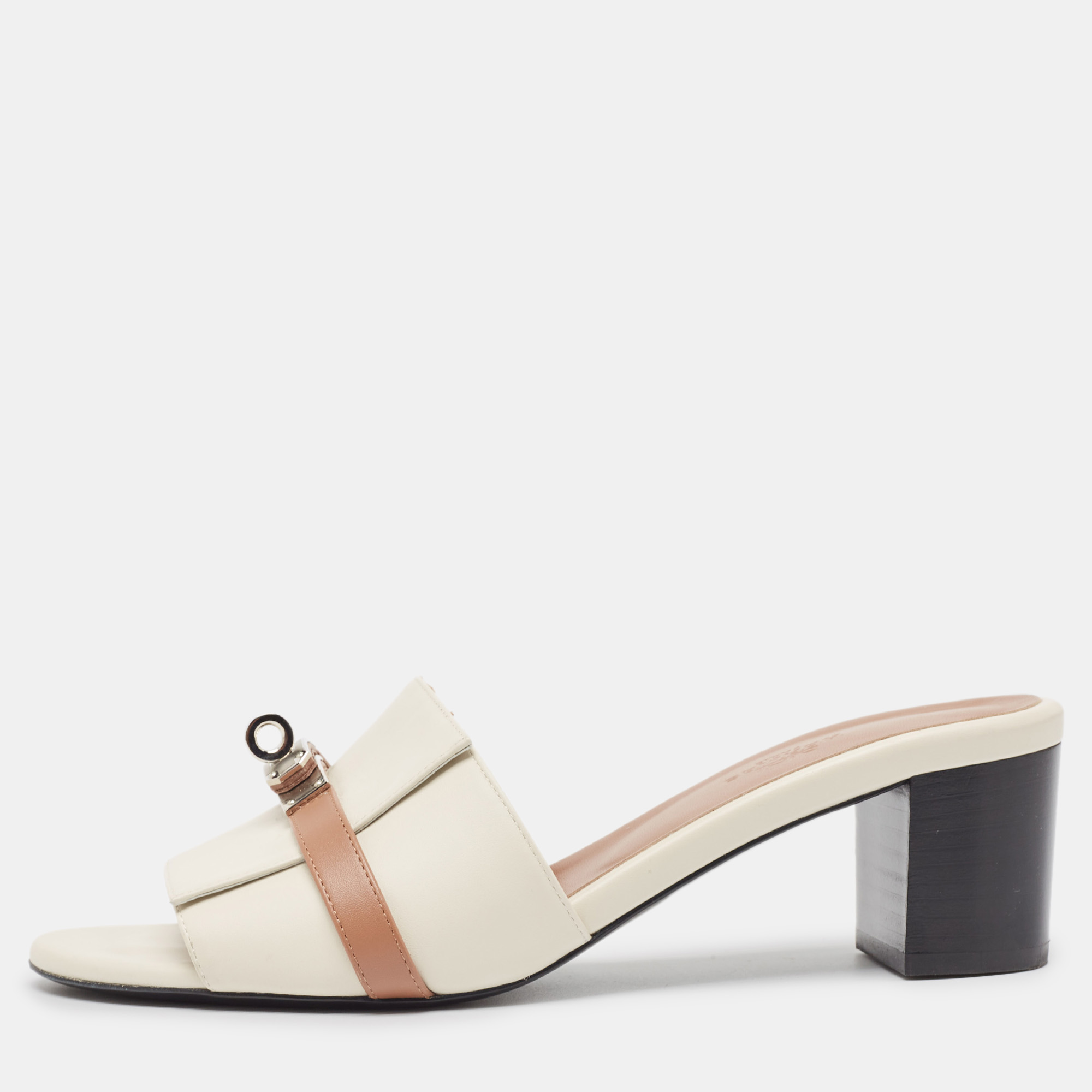 

Hermes Cream/Brown Leather Gigi Slide Sandals Size