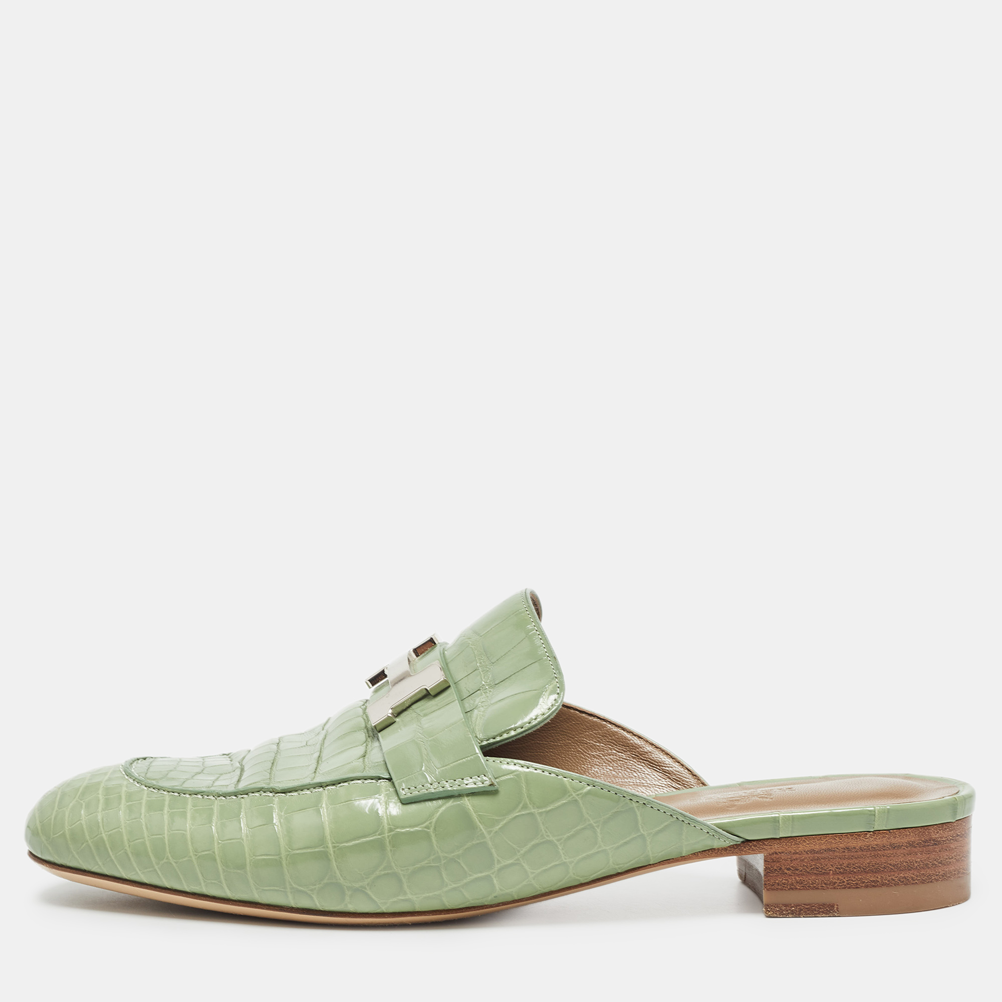 

Hermes Green Crocodile Trocadero Mules Size