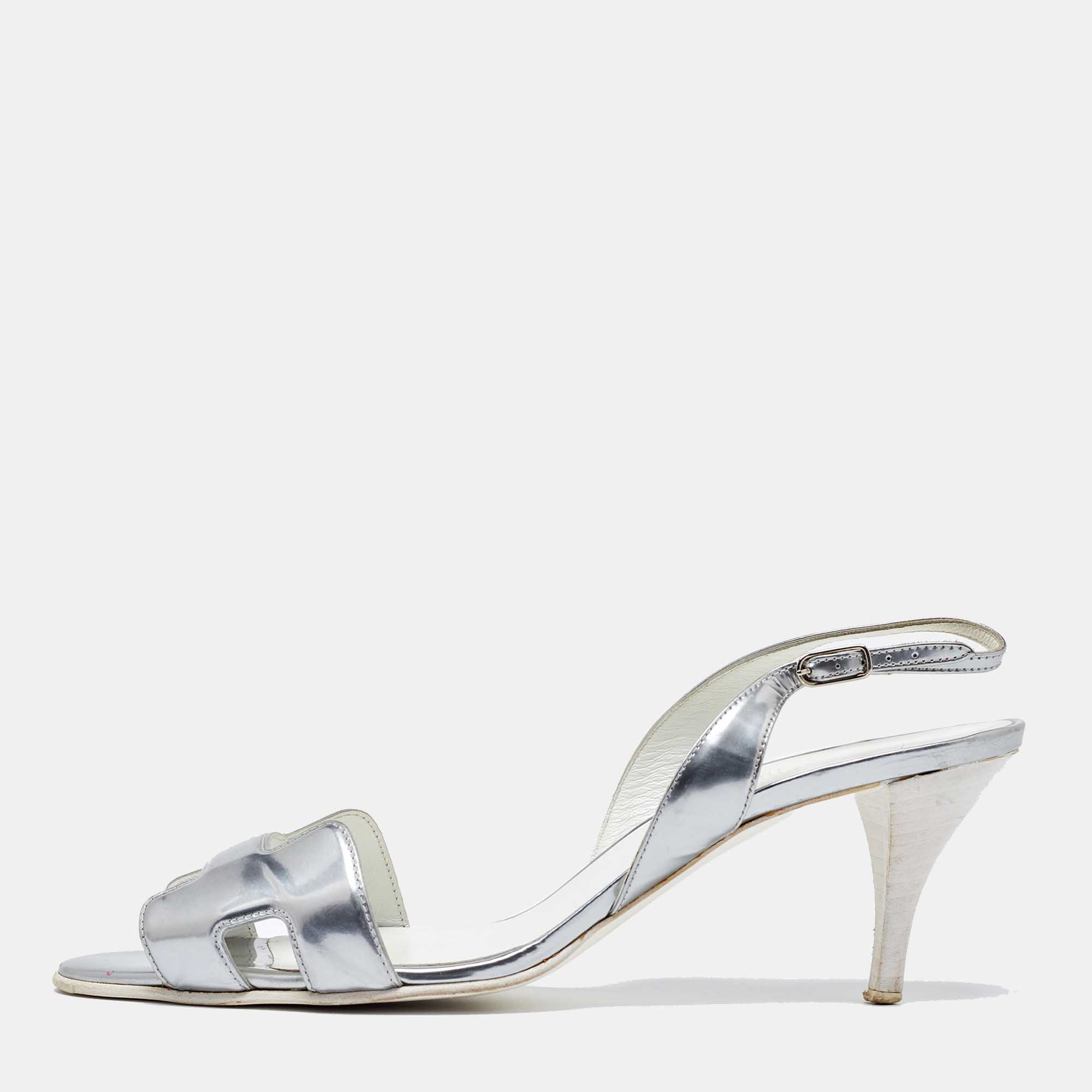 

Hermes Silver Leather Night Slingback Sandals Size