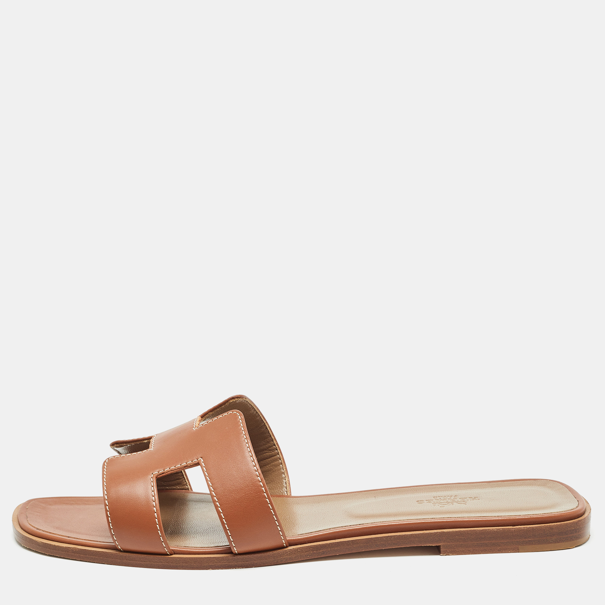 Hermes Brown Leather Oran Flat Slides Size 42