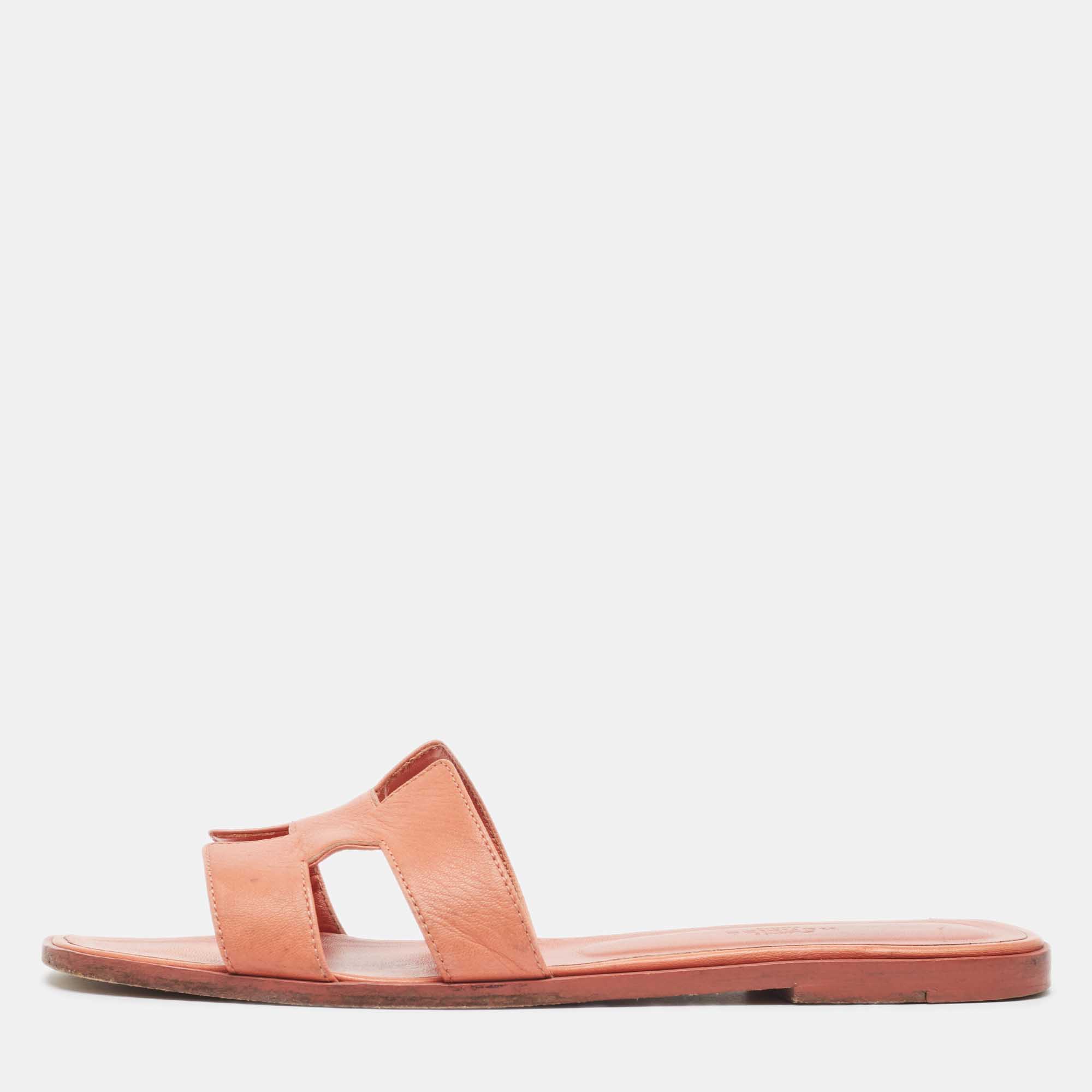 

Hermes Orange Leather Oran Flat Slides Size