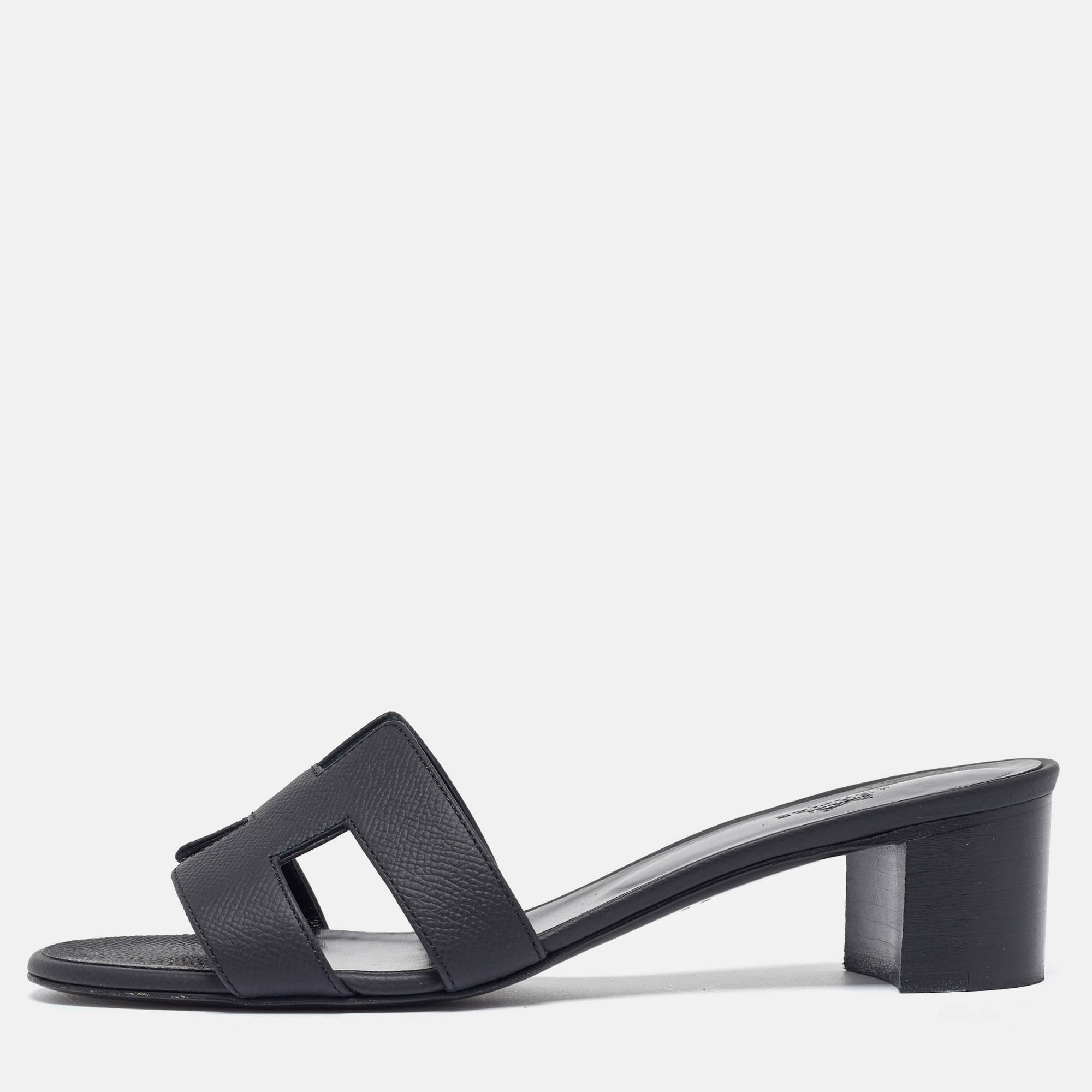 

Hermes Black Leather Oasis Slide Sandals Size