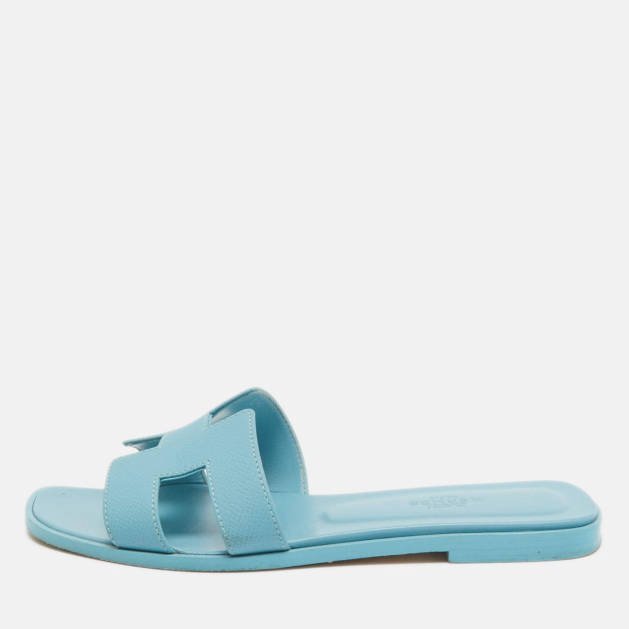 Hermes Blue Leather Oran Flat Slides Size 36.5  
