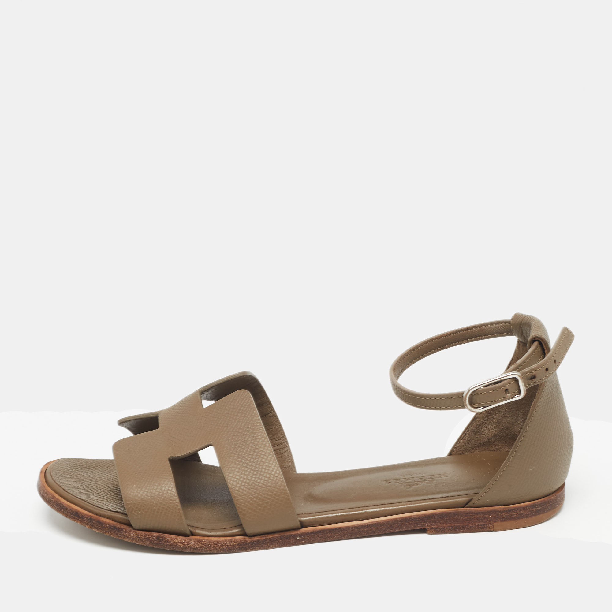 

Hermes Green Leather Santorini Ankle Strap Flat Sandals Size