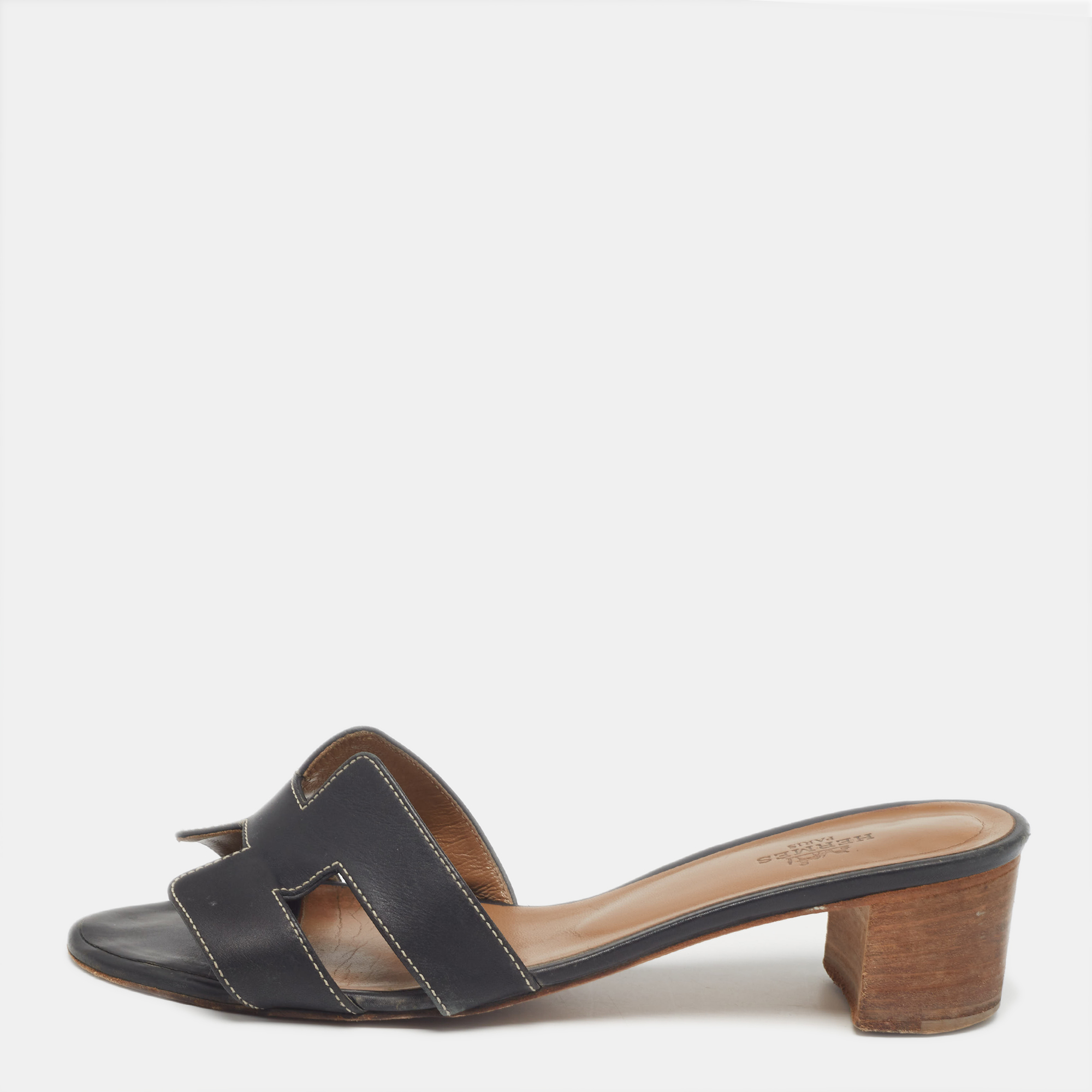 

Hermes Black Leather Oasis Slide Sandals Size