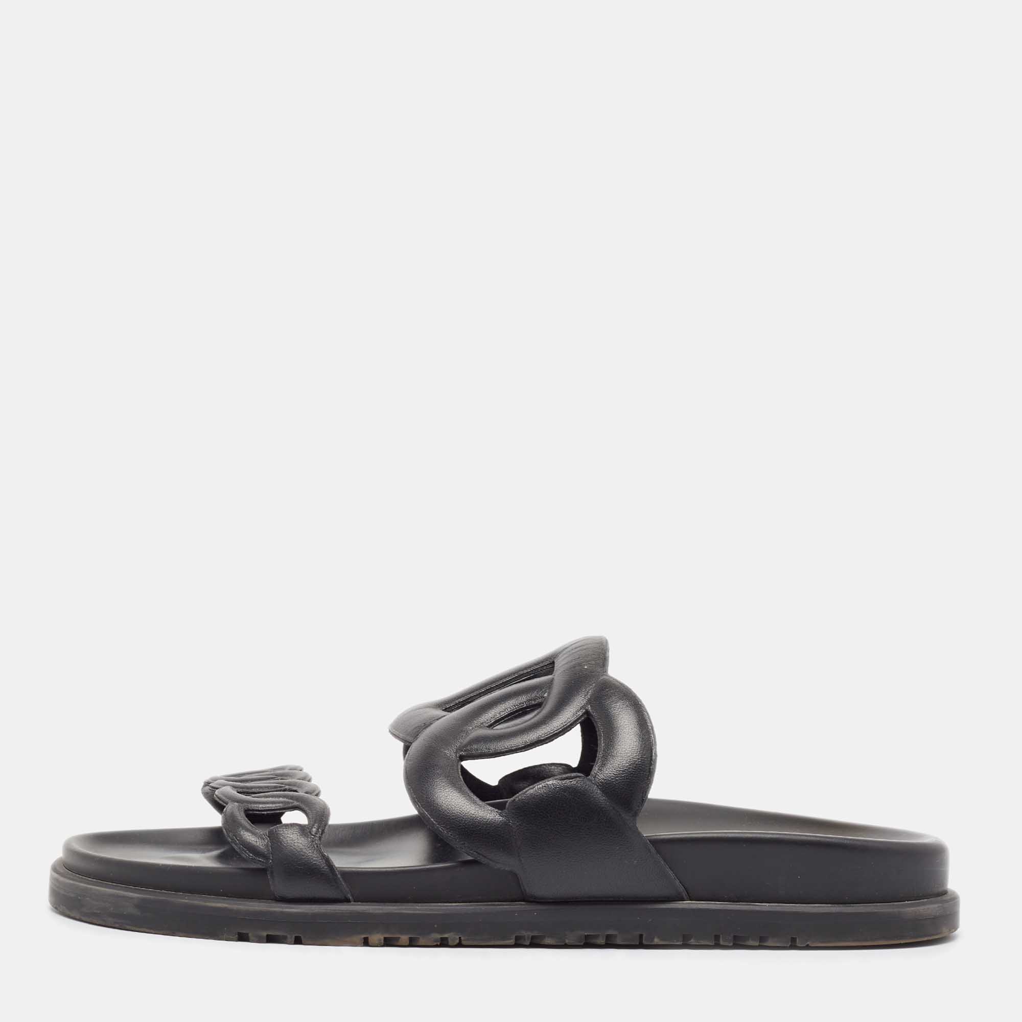 

Hermes Black Leather Extra Sandals Size