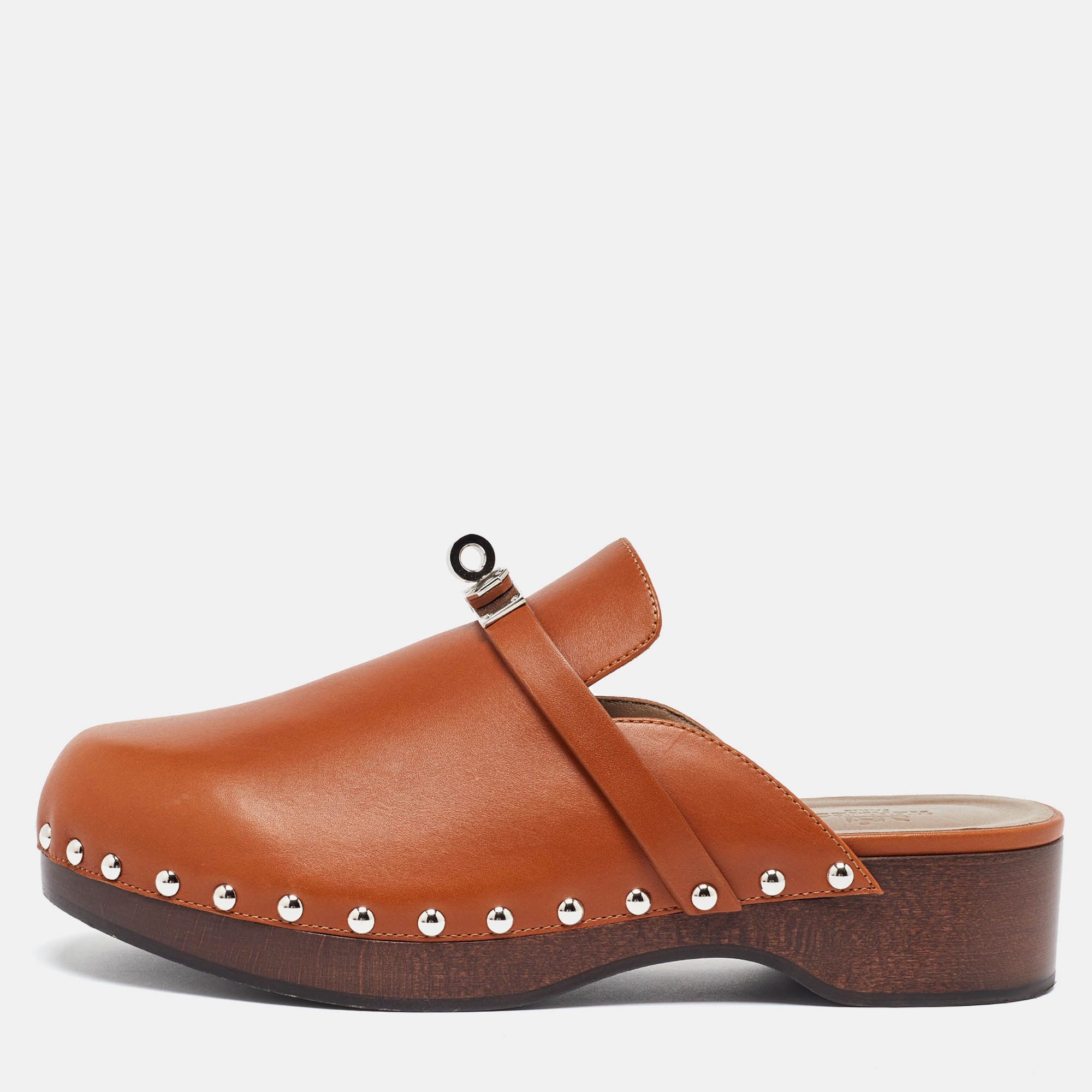 

Hermes Brown Leather Carlotta Clogs Size