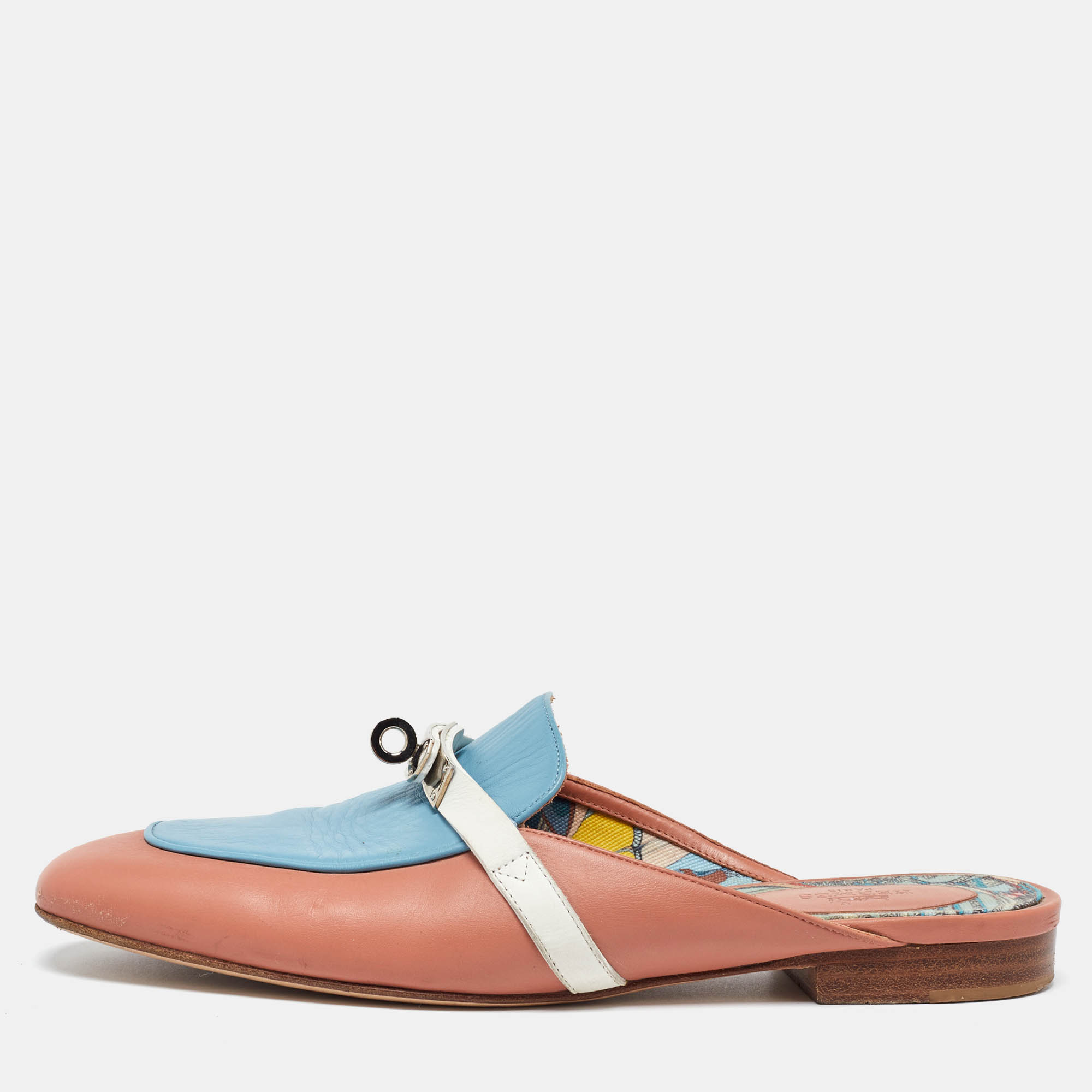 

Hermes Pink/Blue Leather Oz Flat Mules Size