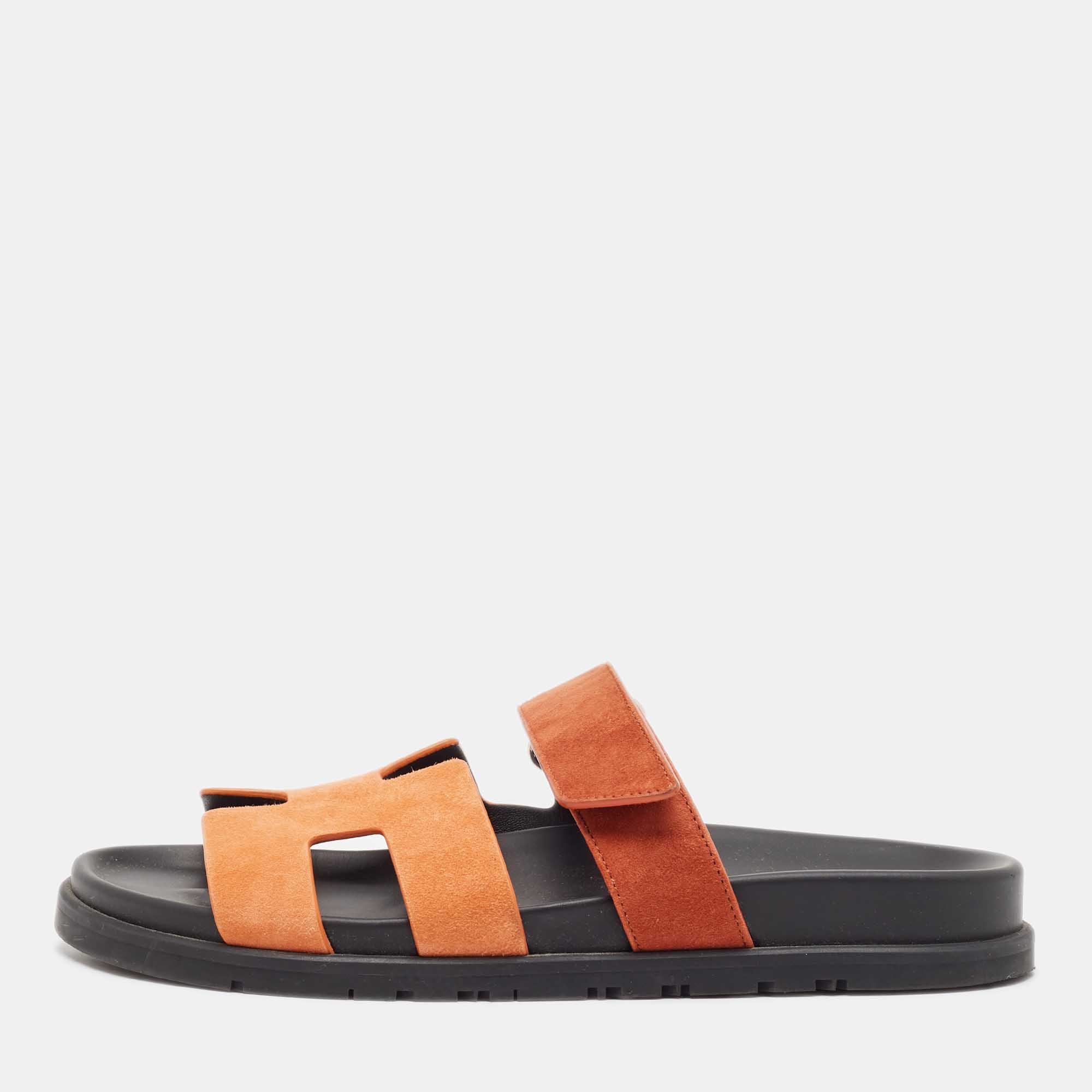 

Hermes Orange Suede Chypre Slides Size