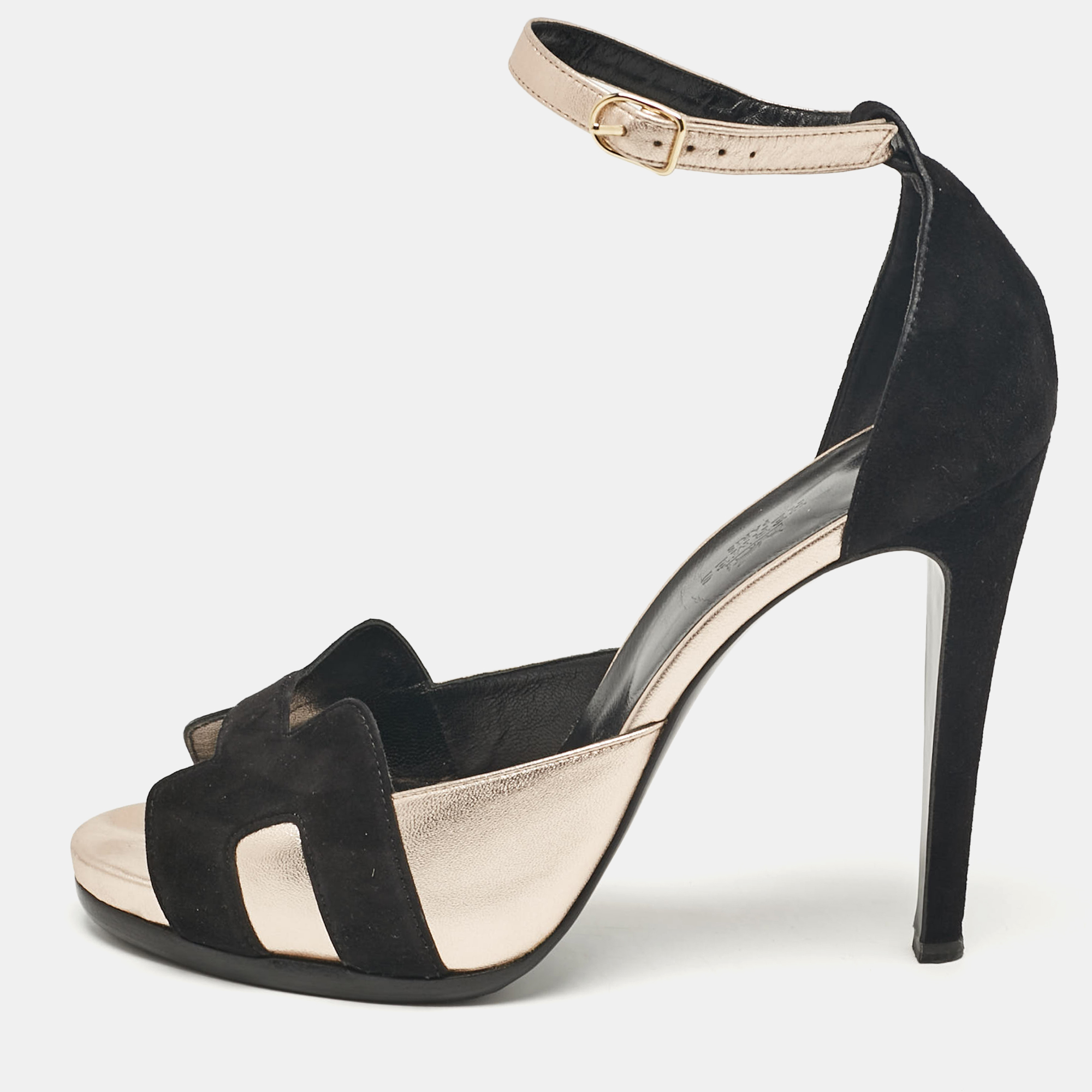 

Hermes Black Leather and Suede Premiere 70 Ankle Strap Sandals Size