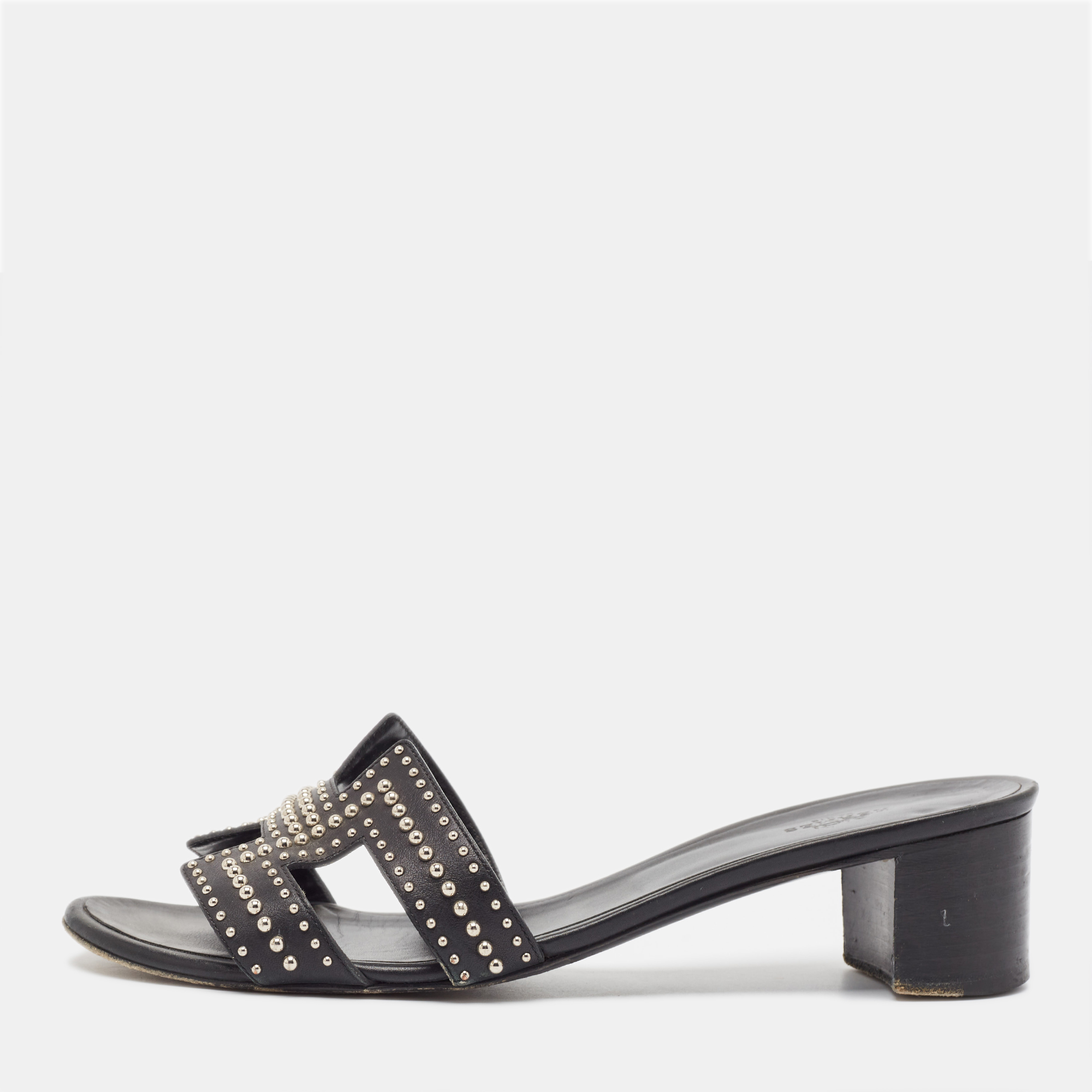 

Hermes Black Leather Studded Oasis Slide Sandals Size