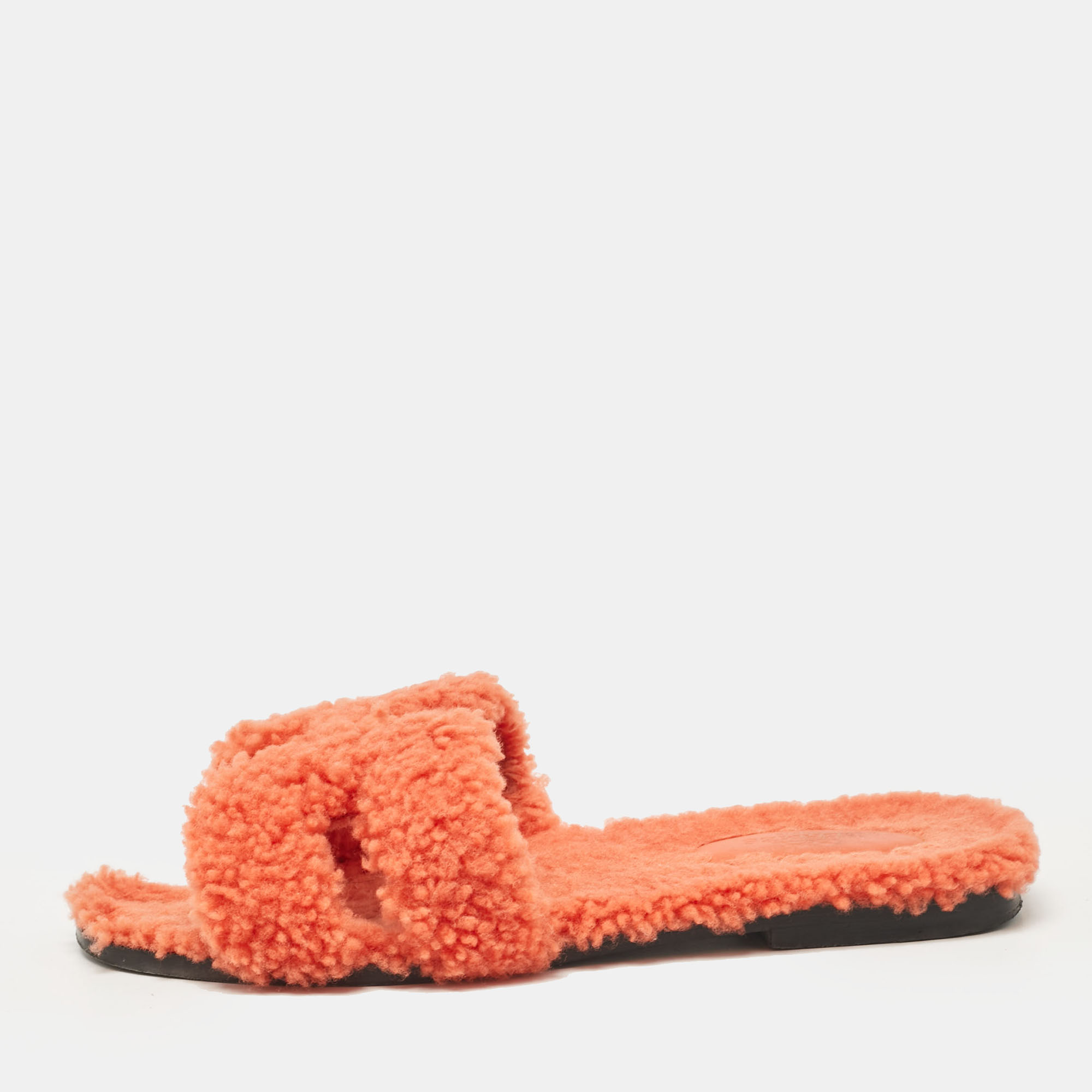 

Hermes Orange Shearling Fur Oran Flat Slides Size