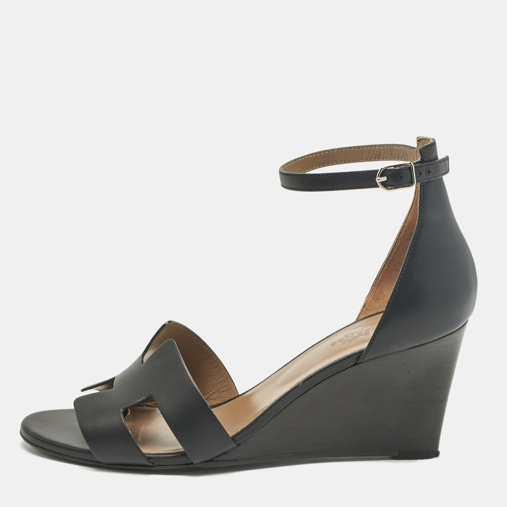 

Hermes Black Leather Legend Wedge Sandals Size