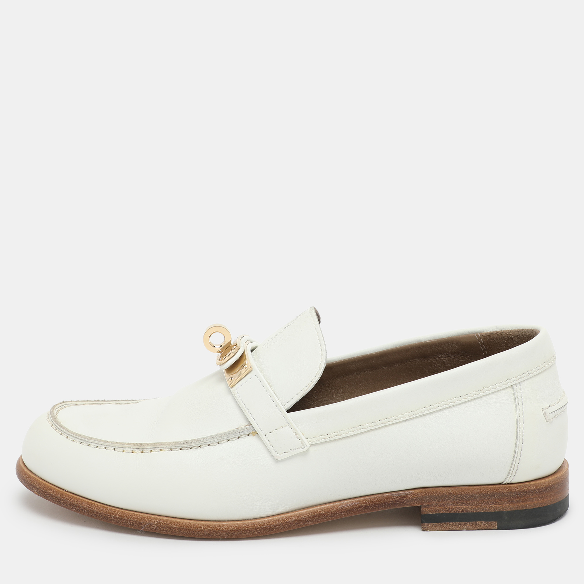 Pre-owned Hermes White Leather Destin Loafers Size 35