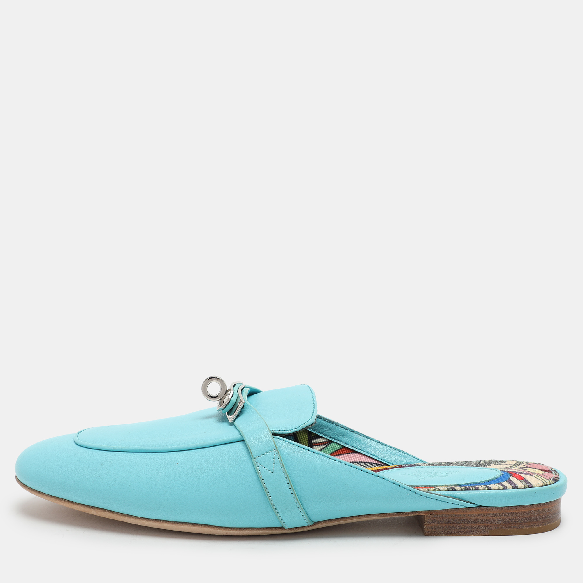 

Hermes Blue Leather Oz Mules Size