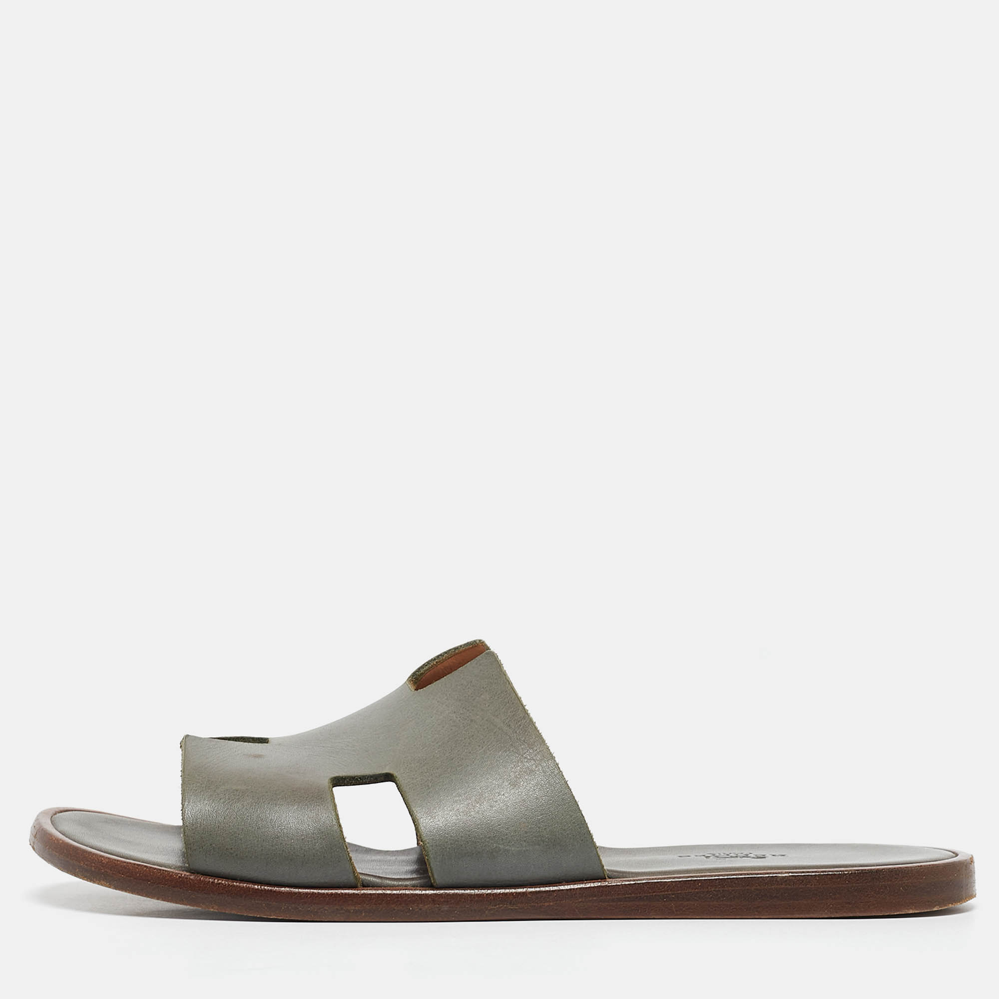 Pre-owned Hermes Grey Leather Izmir Flat Sandals Size 40