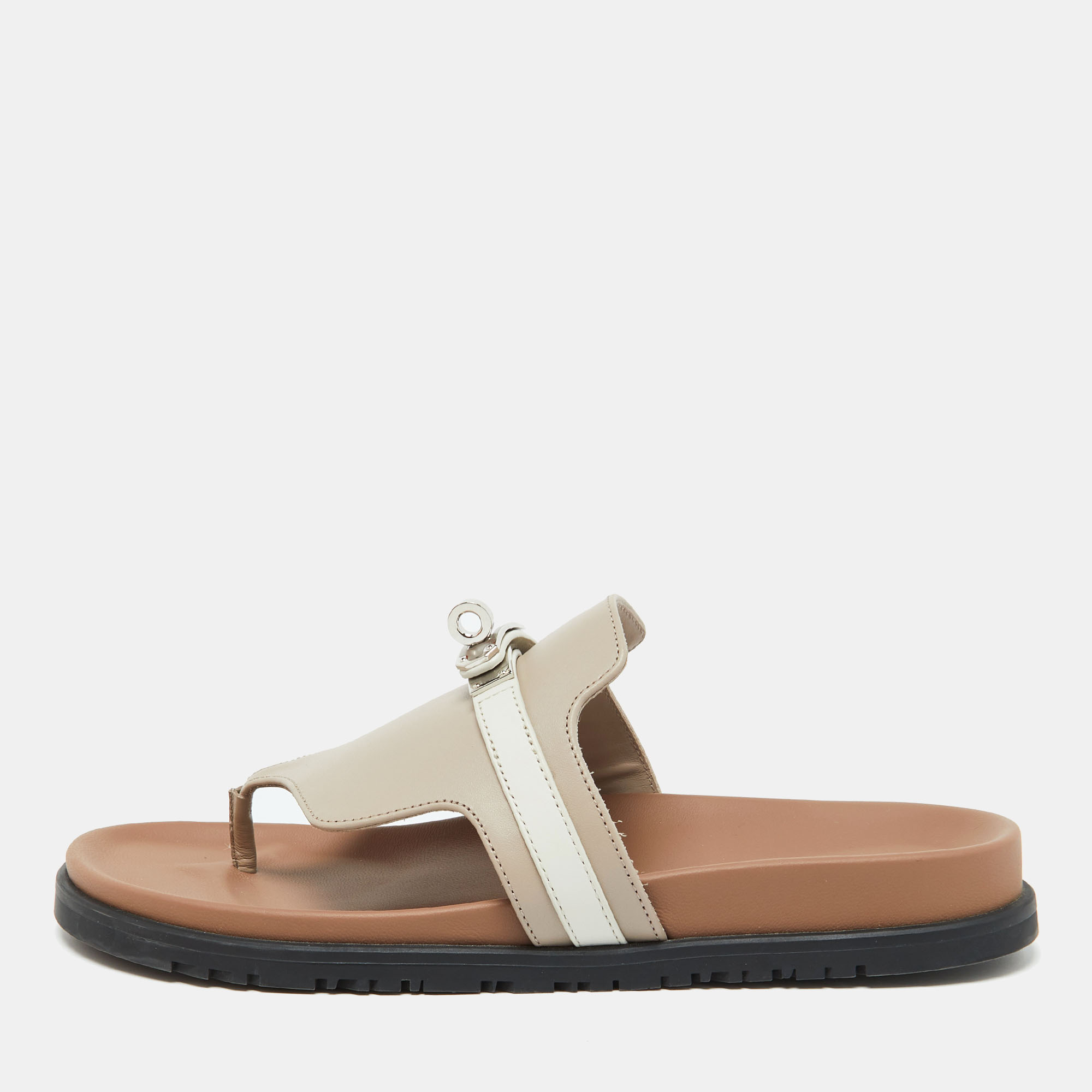 

Hermes Beige/White Leather Empire Flat Sandals Size, Grey