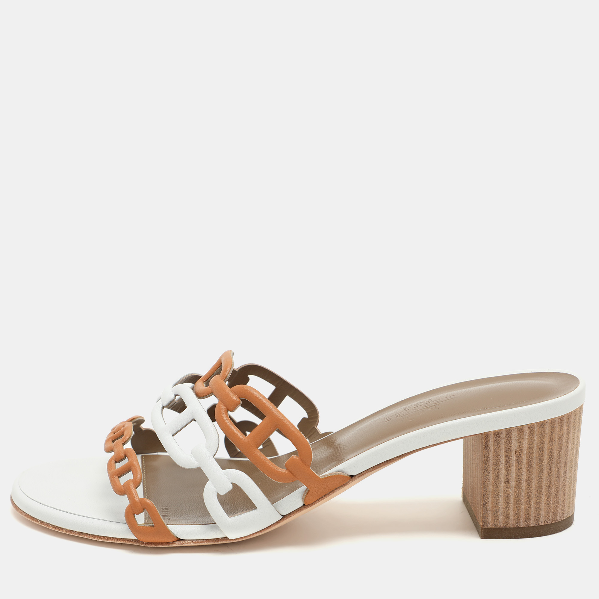 

Hermes White/Brown Leather Tandem Slide Sandals Size