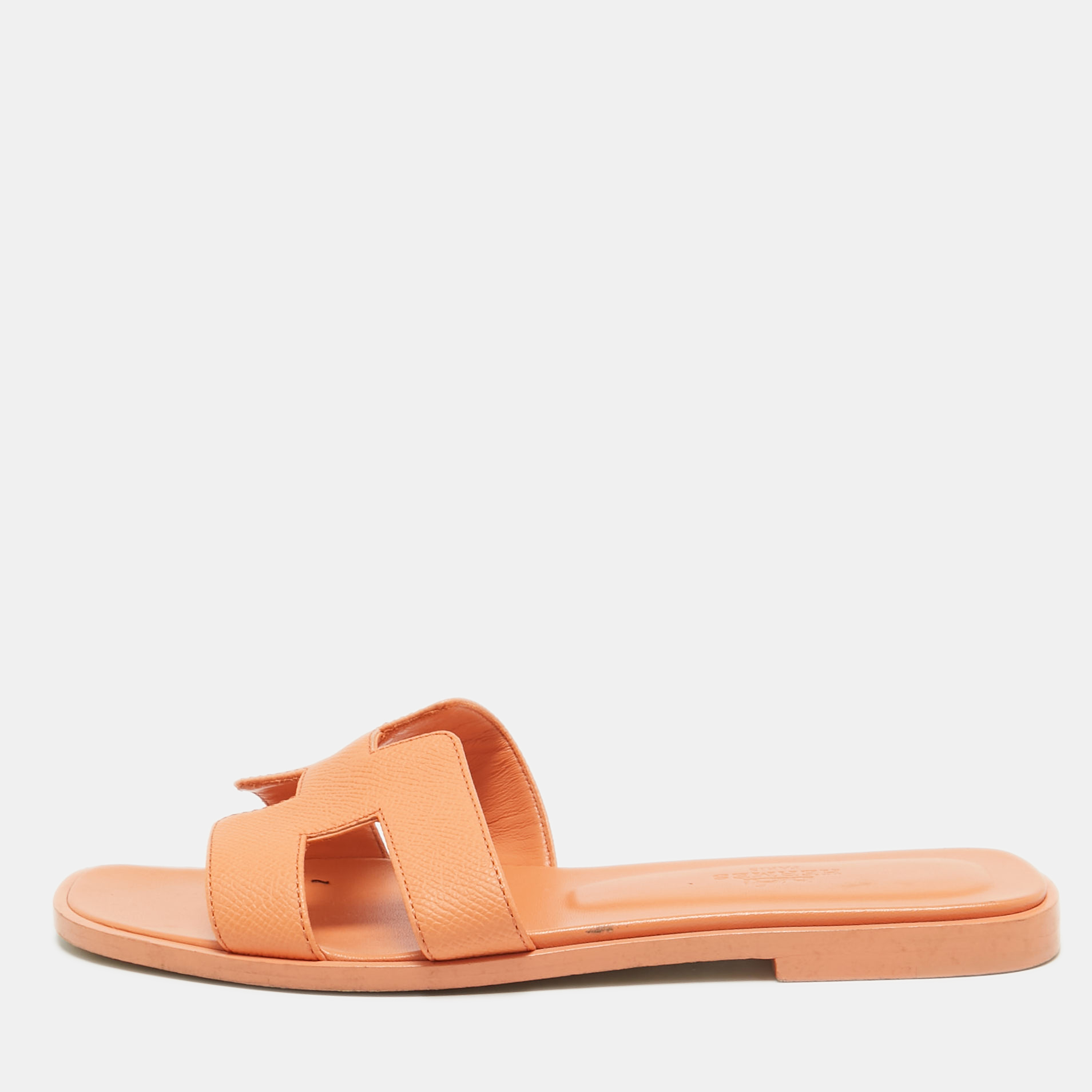 Pre-owned Hermes Light Orange Leather Oran Flat Slides Size 36.5