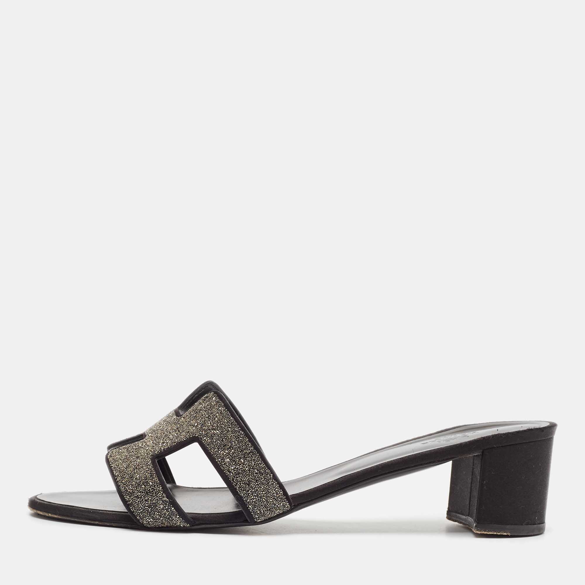 

Hermes Silver/Black Glitter and Satin Oasis Slide Sandals Size