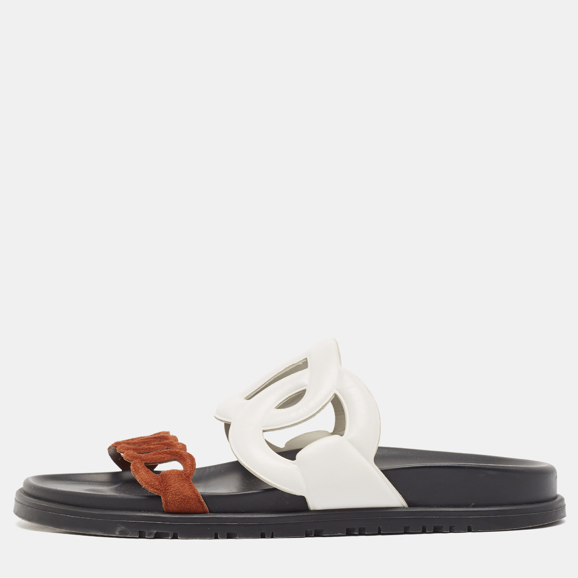 

Hermes White/Brown Leather and Suede Extra Flat Sandals Size