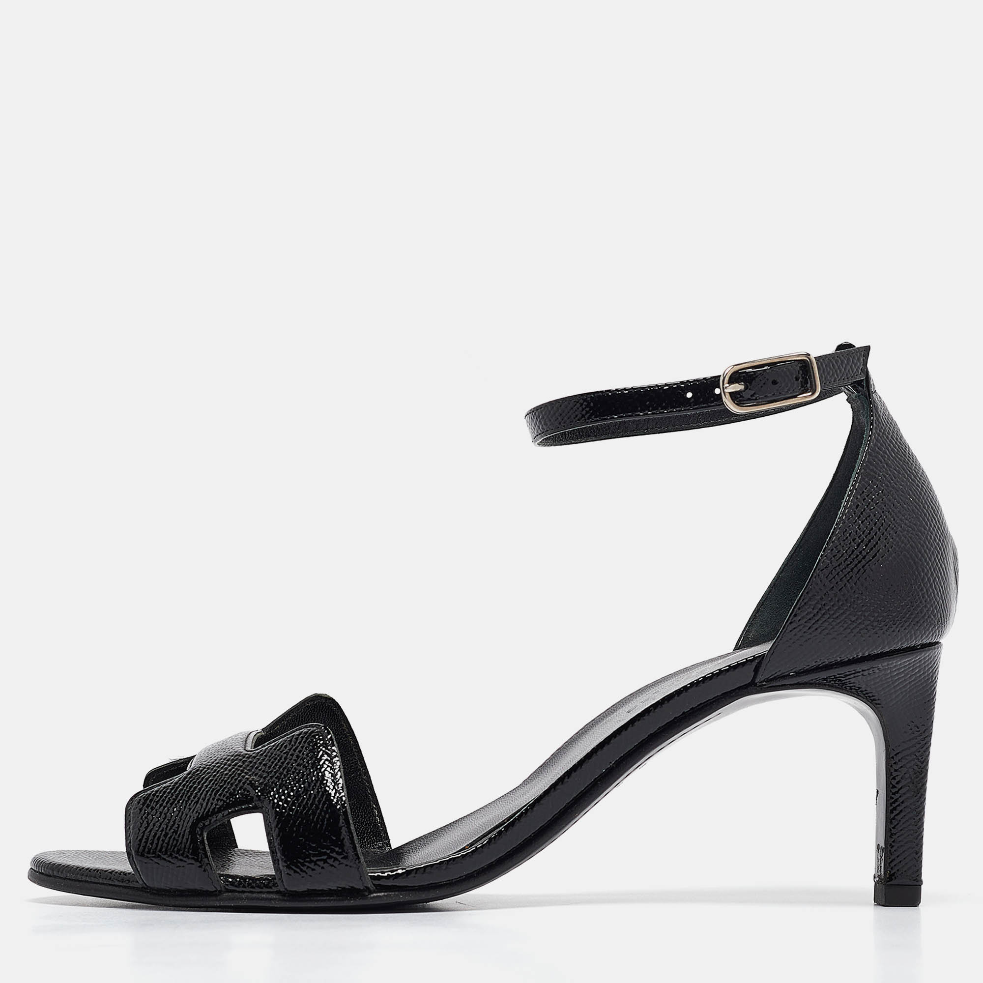 

Hermes Black Patent Leather Premiere 70 Ankle Strap Sandals Size