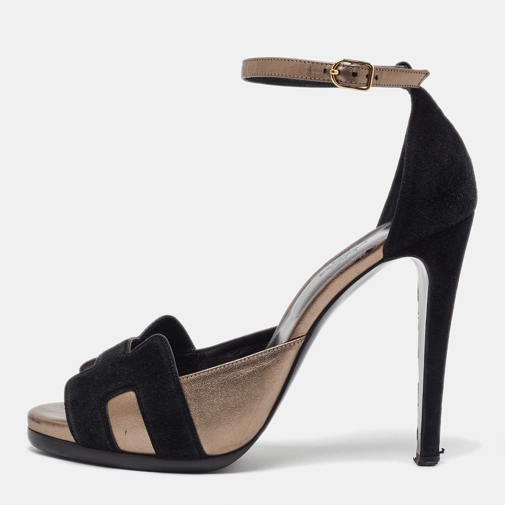 

Hermes Black/Grey Leather and Suede Premiere Ankle Strap Sandals Size