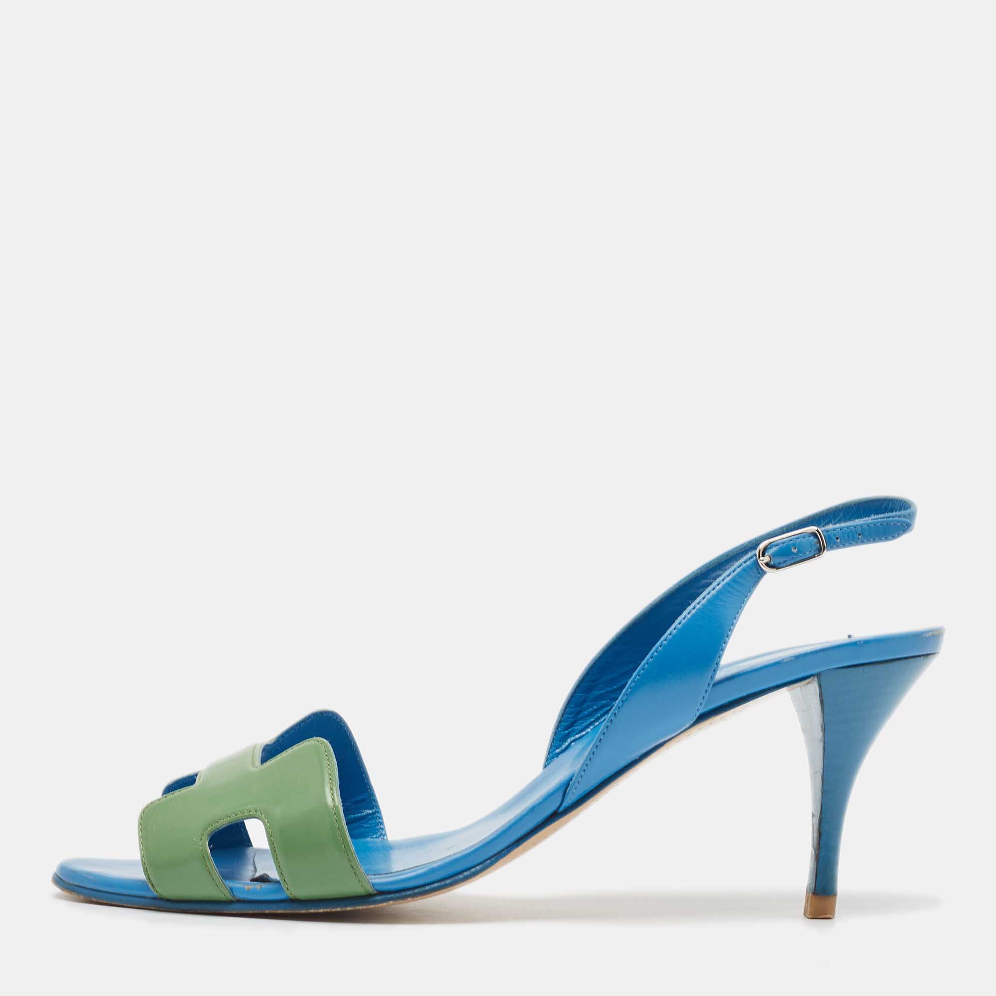 

Hermes Blue/Green Leather Night Slingback Sandals Size