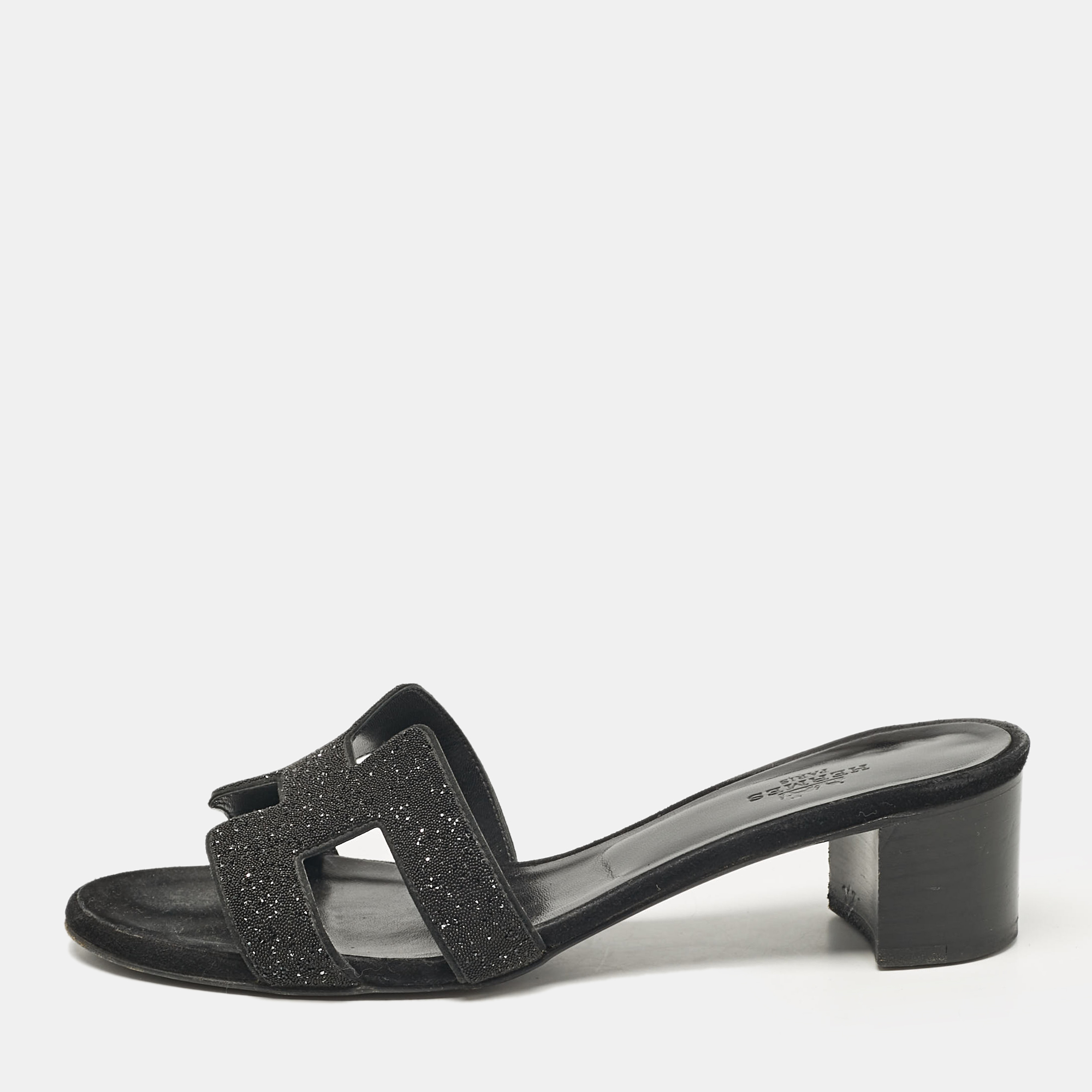 

Hermes Black Glitter and Suede Oasis Slide Sandals Size