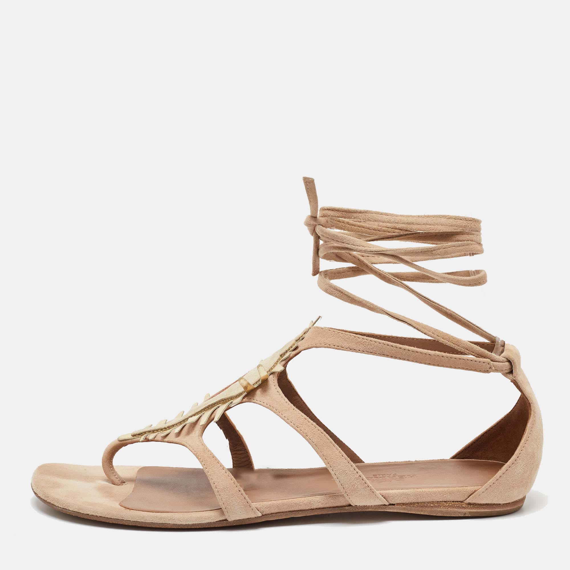 

Hermes Beige Suede Coquillage Caged Flat Sandals Size