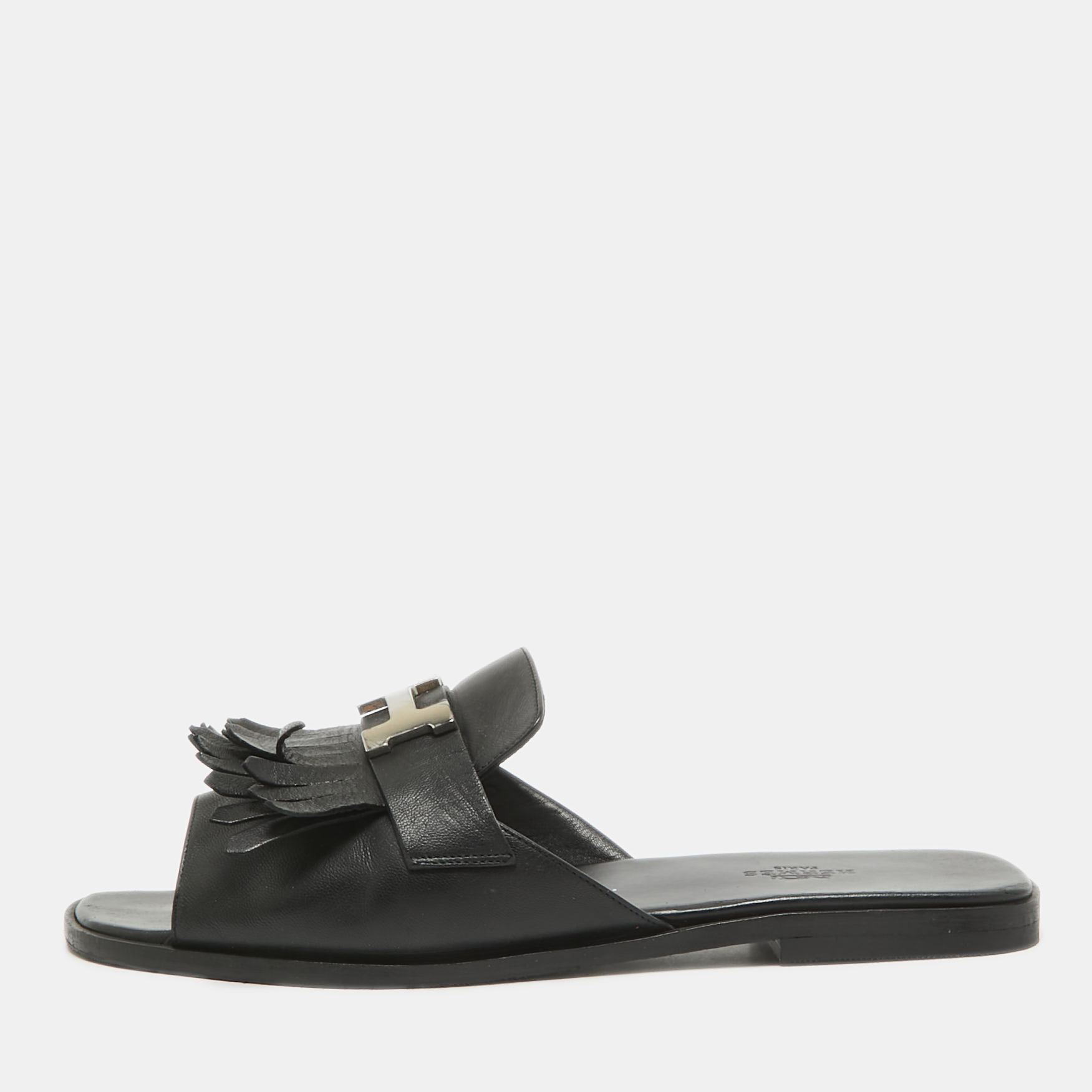 

Hermes Black Leather Auteuil Flat Slide Sandals Size