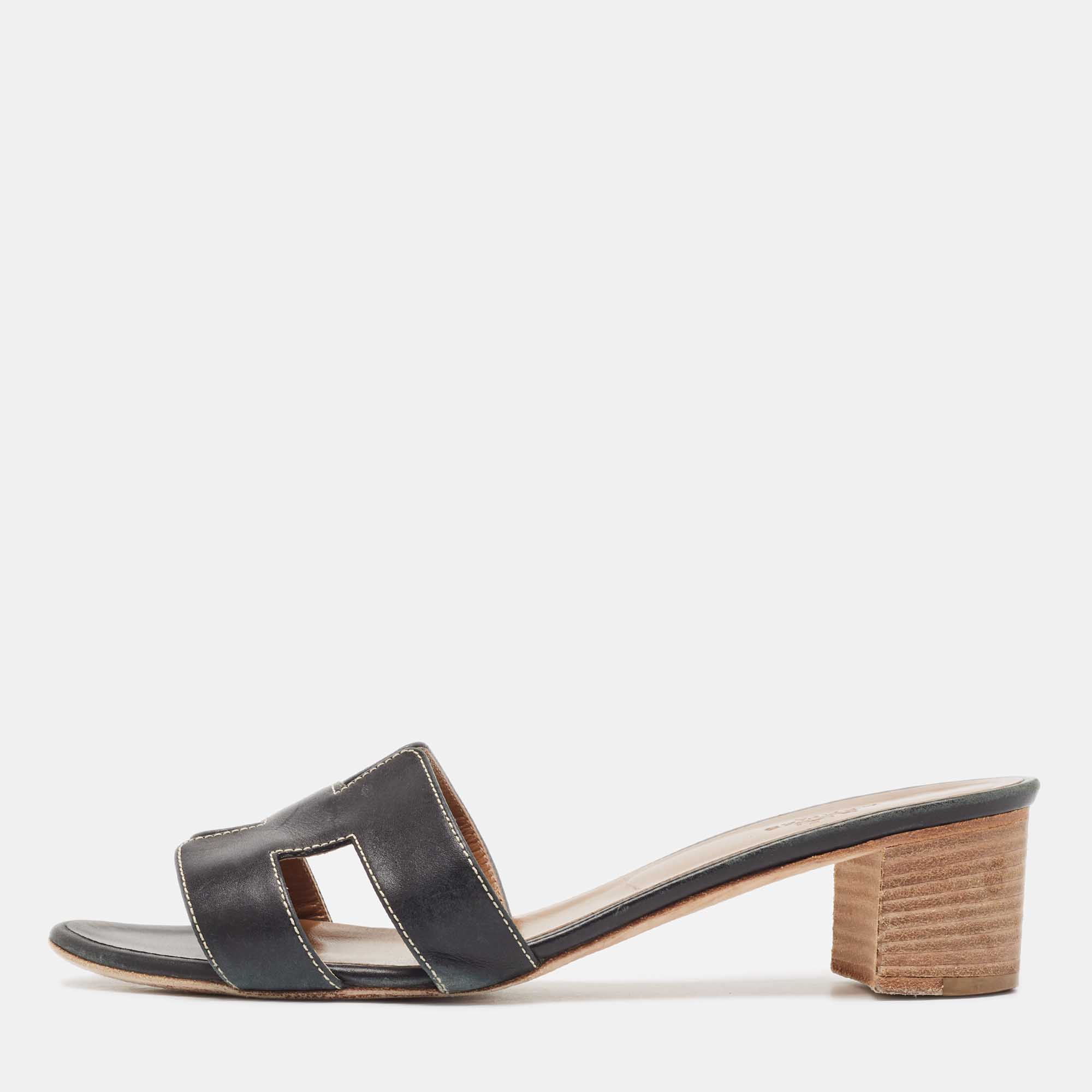 

Hermes Black Leather Oasis Slide Sandals Size