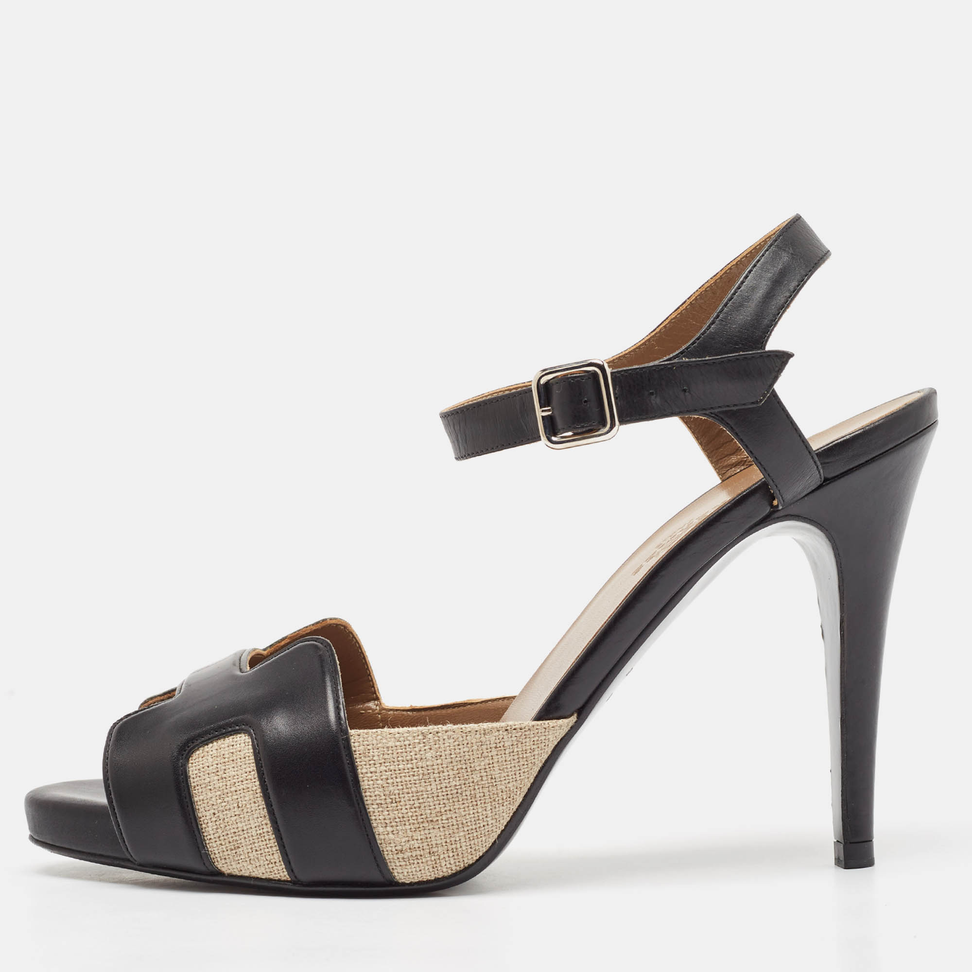 

Hermes Black/Beige Canvas and Leather Premiere 70 Ankle Strap Sandals Size