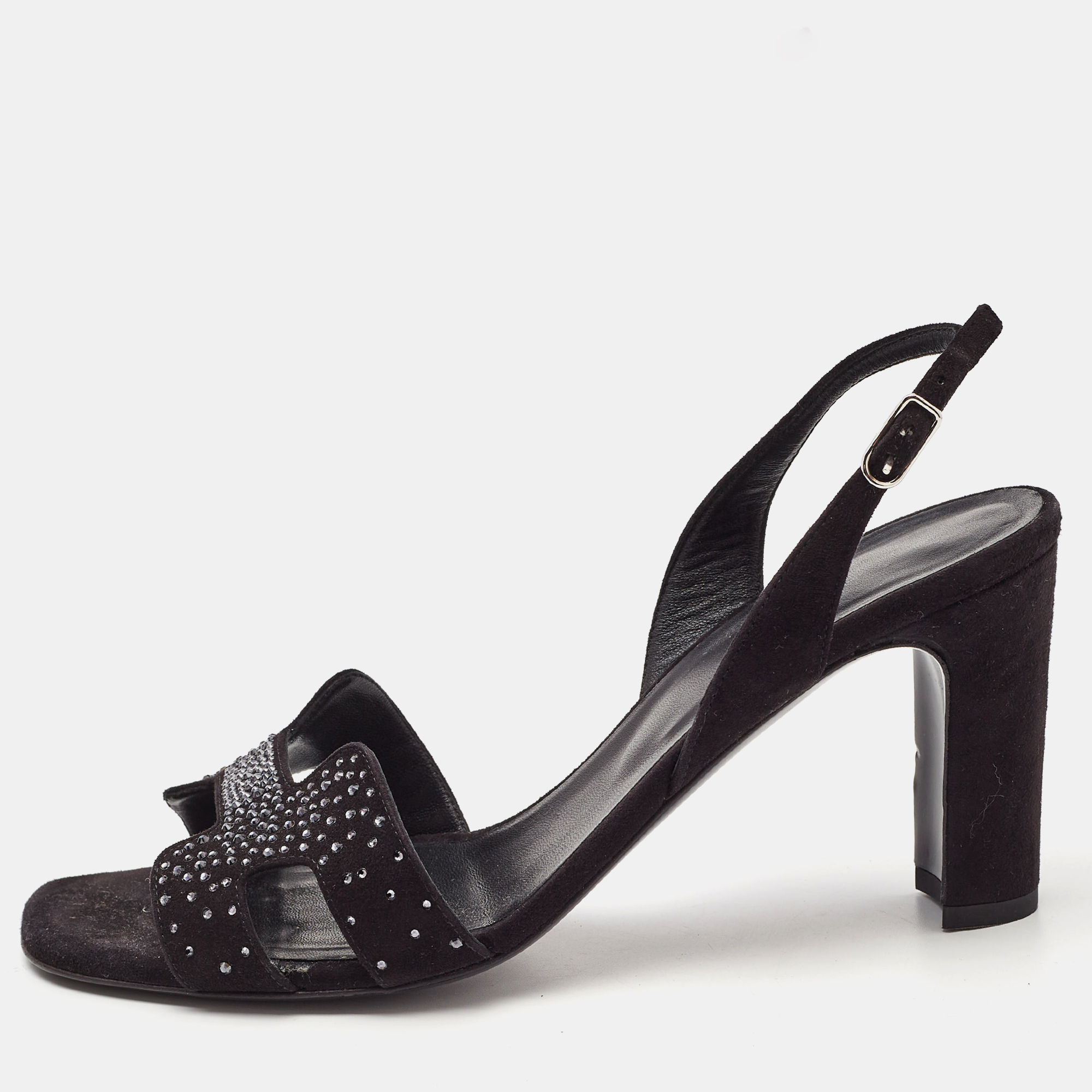 

Hermes Black Embellished Suede Ella Sandals Size