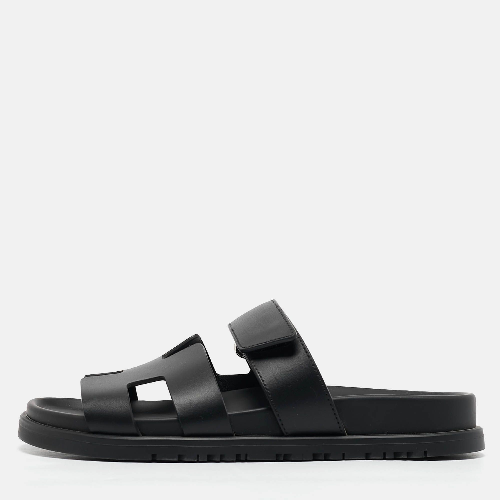 

Hermes Black Leather Chypre Sandals Size