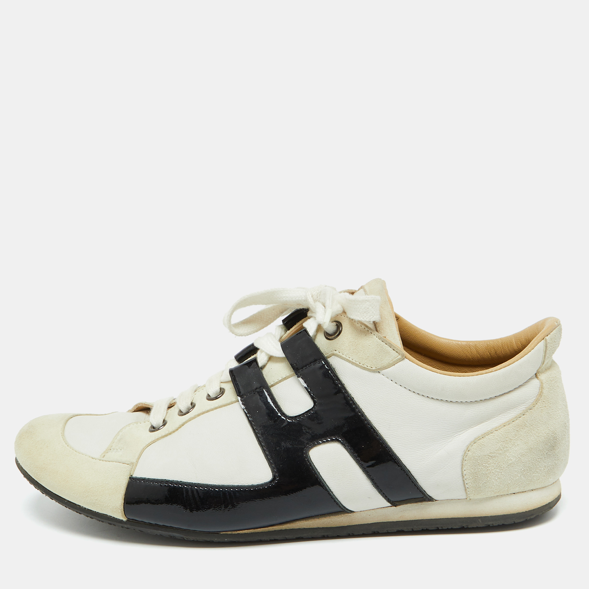 

Hermes White/Black Leather and Suede Tie Break Sneakers Size