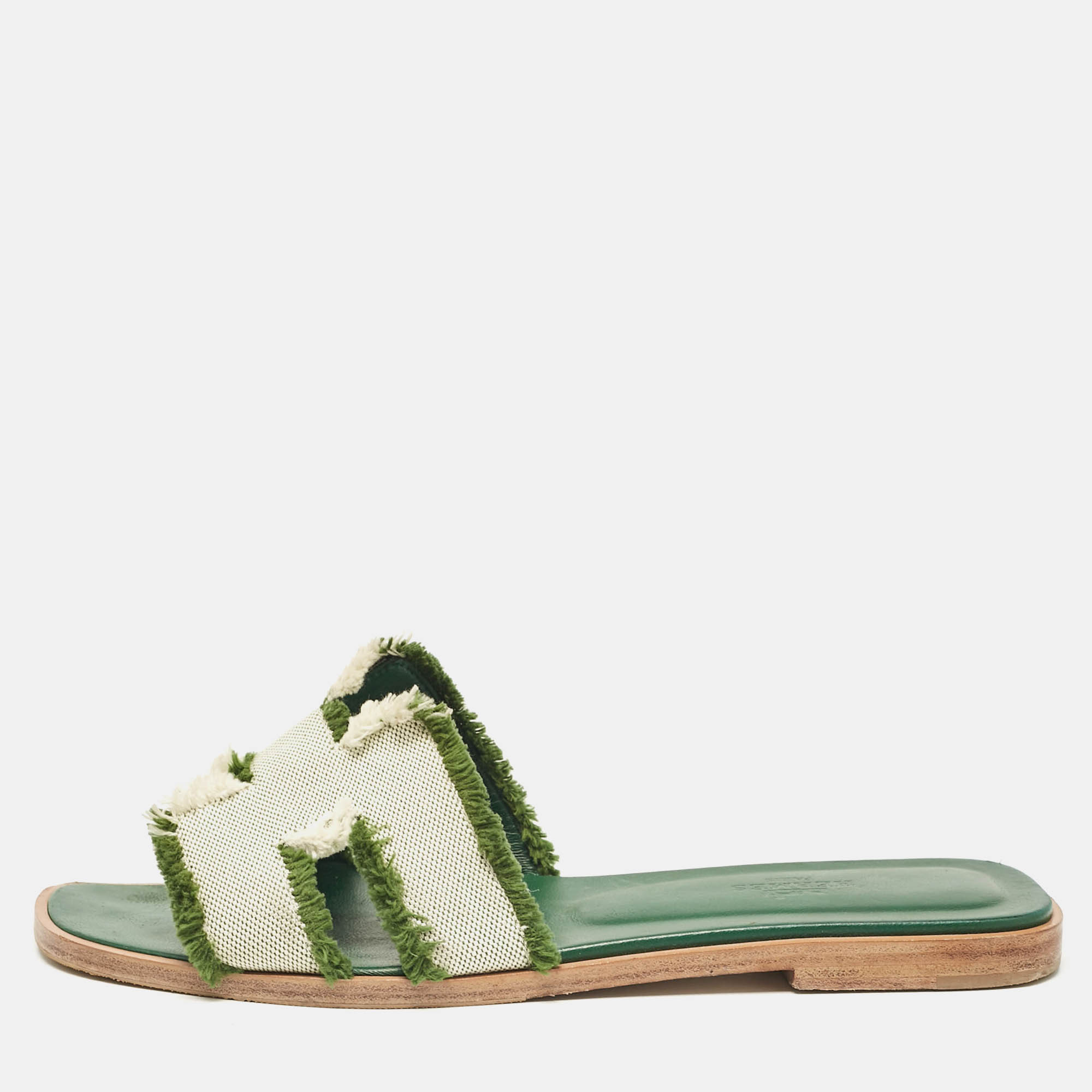 

Hermes Green/White Canvas Oran Flat Slides Size