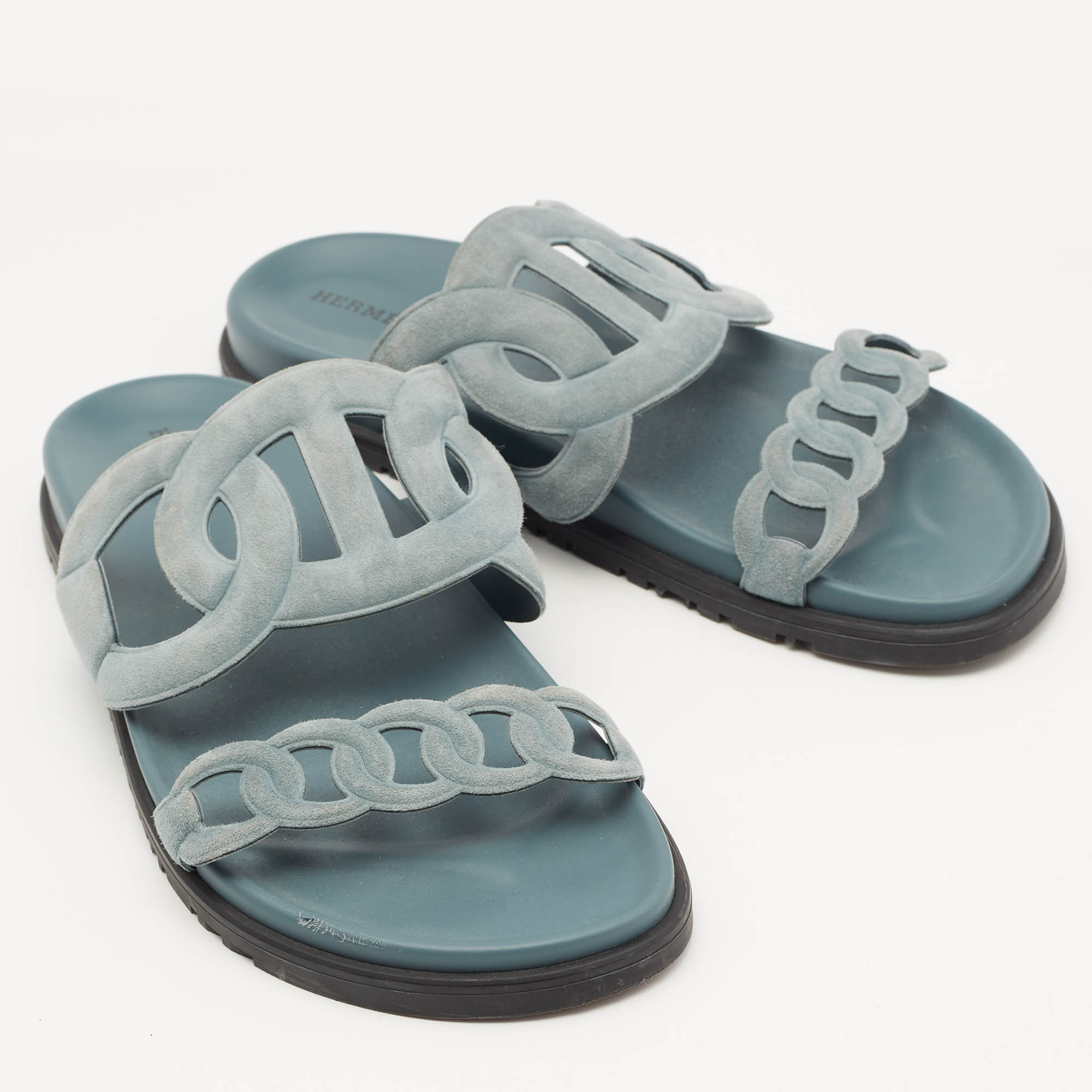 Hermes Light Blue Suede Extra Flat Sandals Size 40 