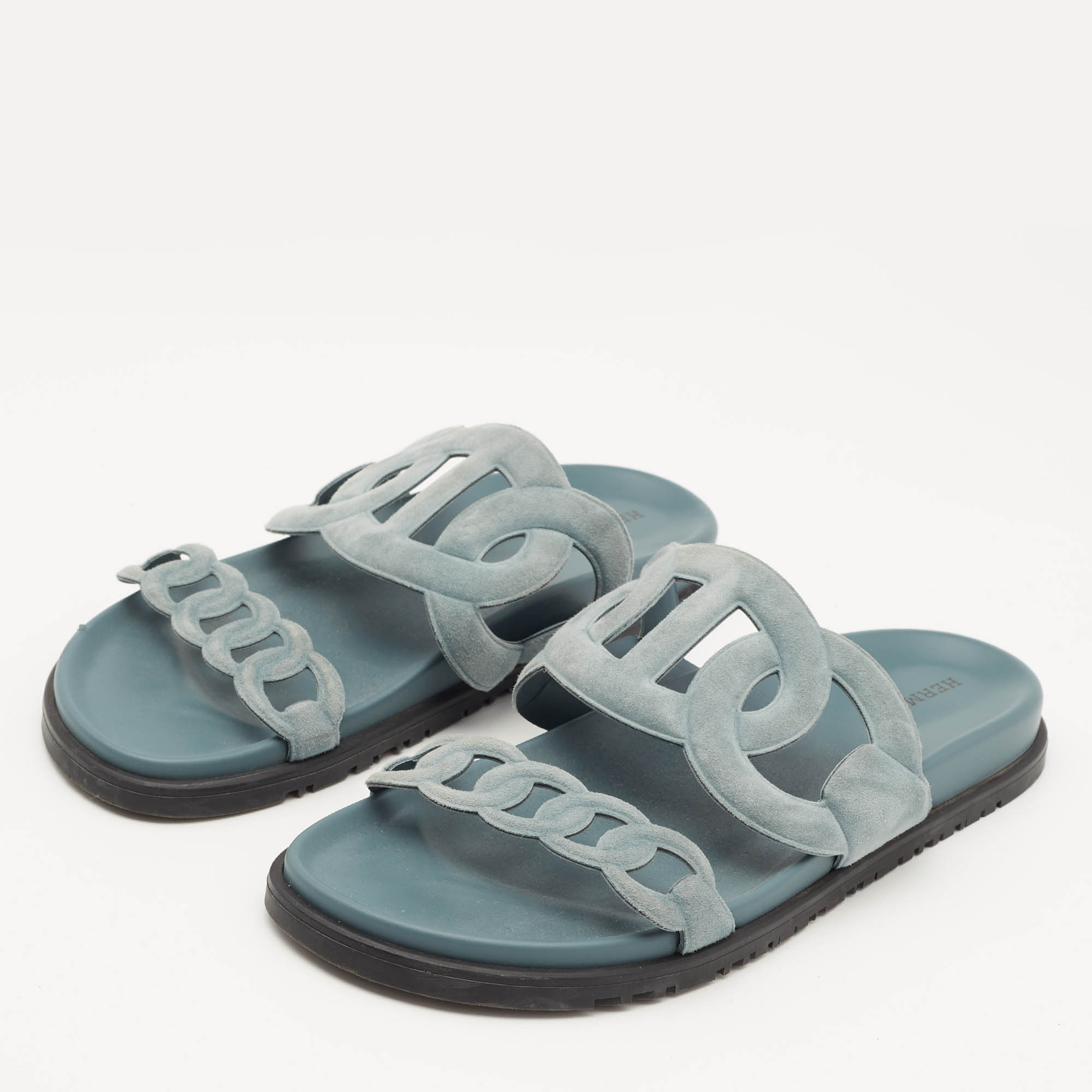 Hermes Light Blue Suede Extra Flat Sandals Size 40 