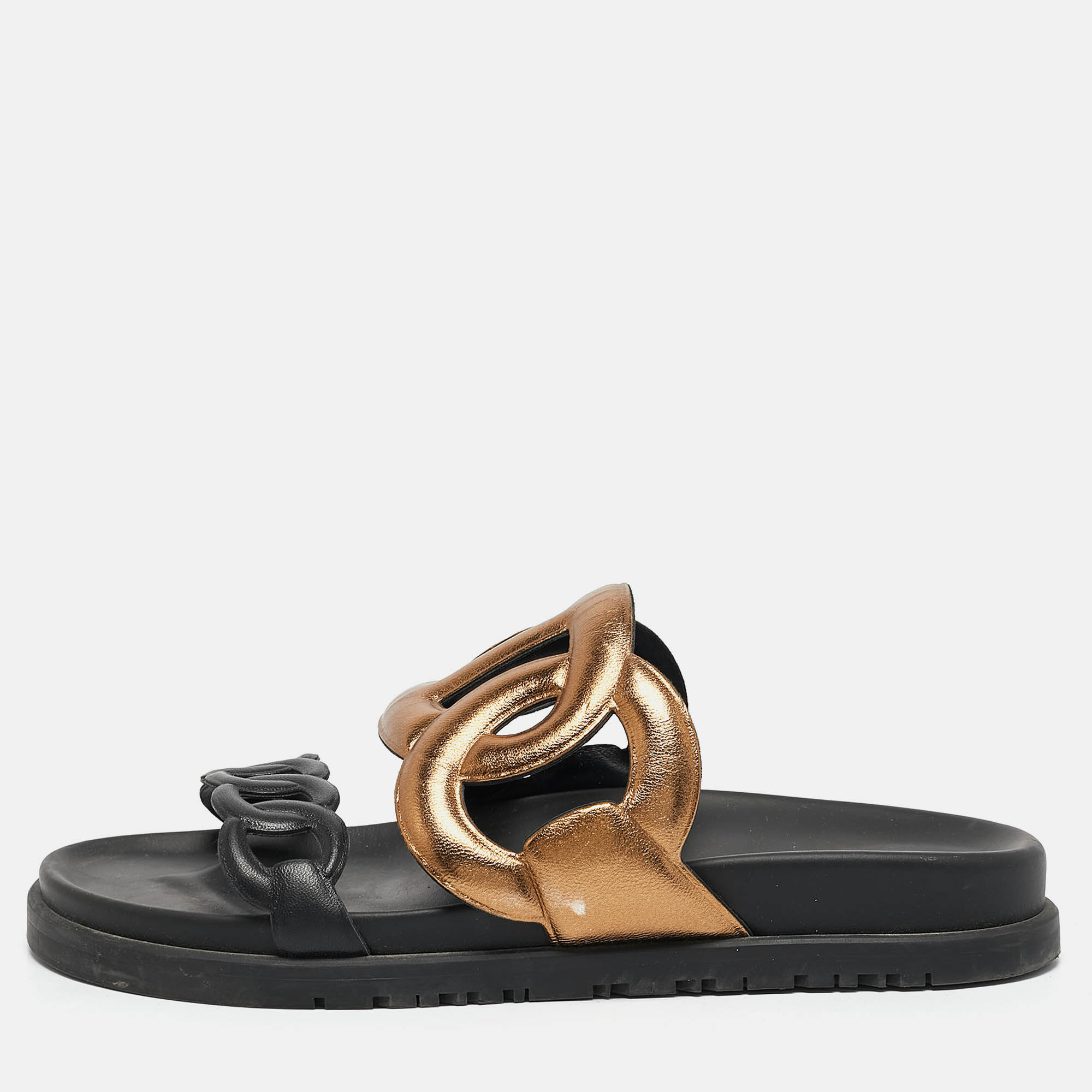 

Hermes Black/Gold Leather Extra Sandals Size