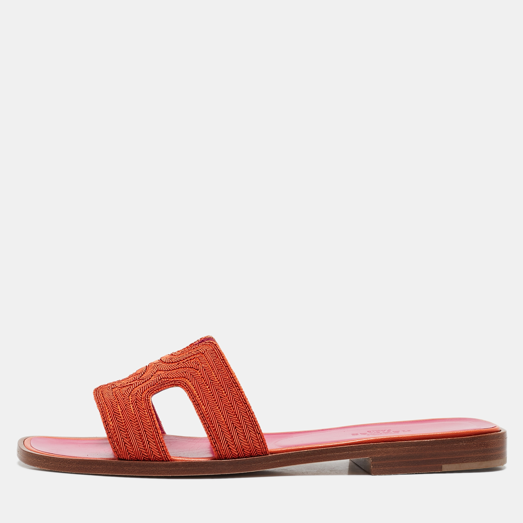 

Hermes Orange Twisted Metal Thread Oran Slide Sandals Size