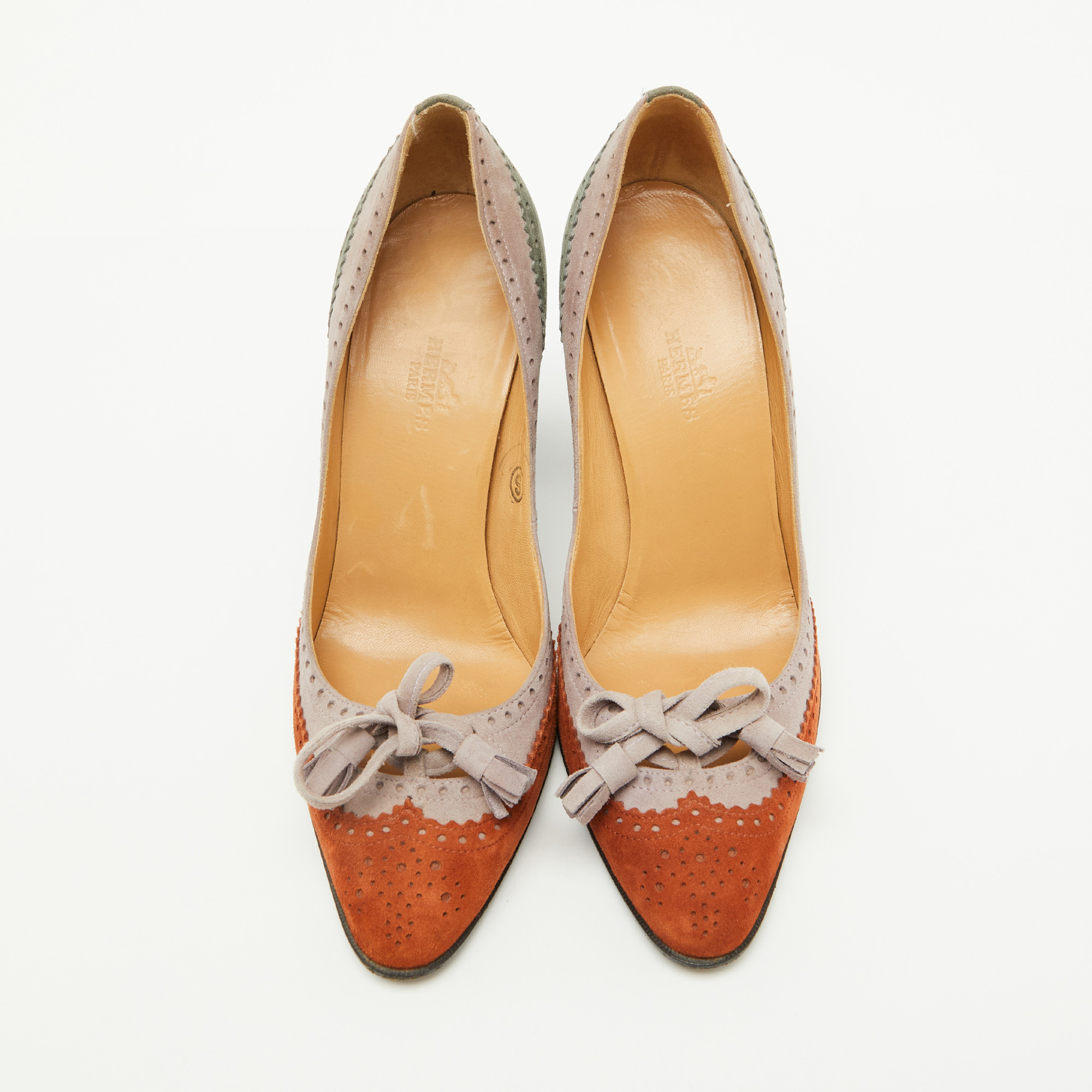 Hermes Multicolor Suede Brogue Bow Accents Pumps Size 37.5 