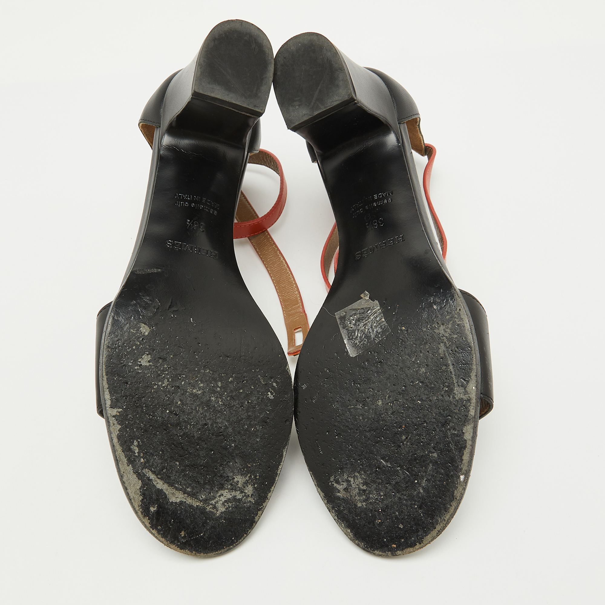 Hermes Black/Orange Leather Ankle Strap Sandals Size 38.5 