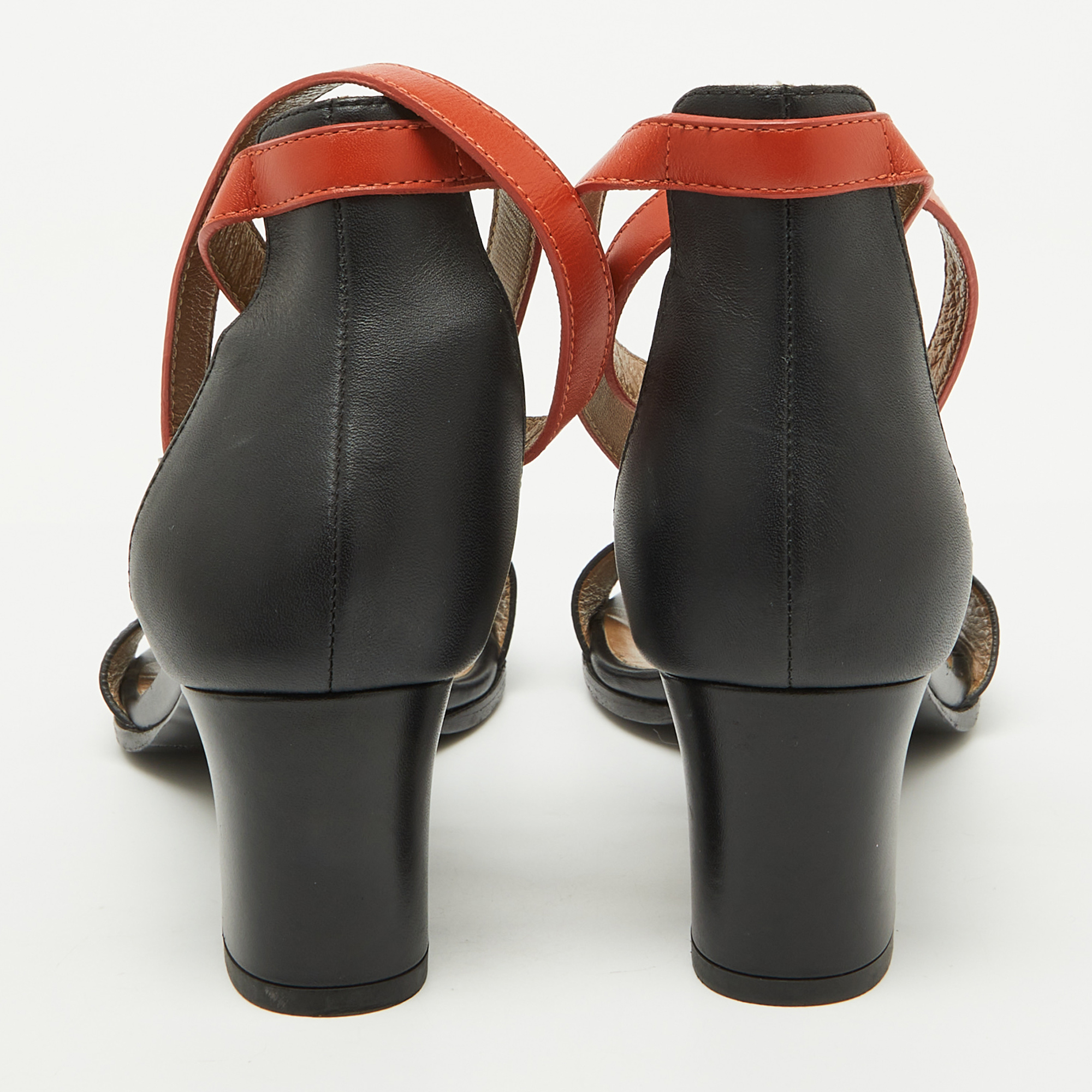 Hermes Black/Orange Leather Ankle Strap Sandals Size 38.5 