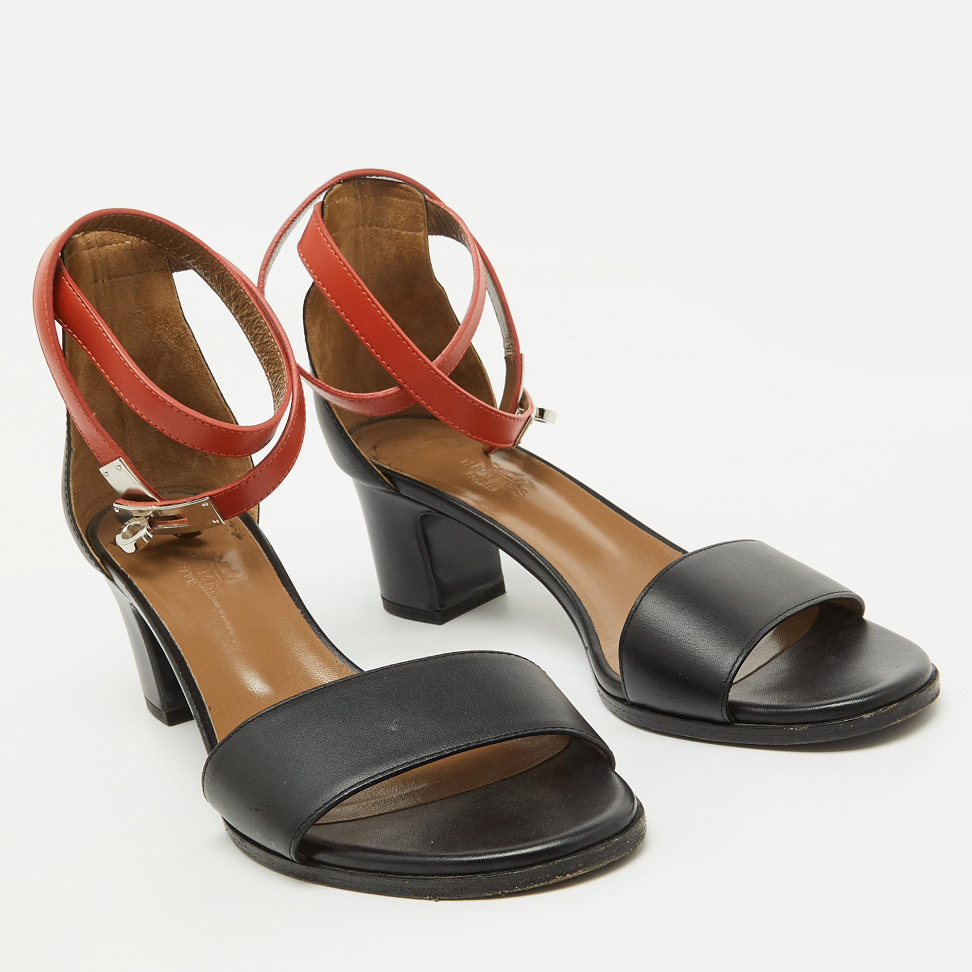 Hermes Black/Orange Leather Ankle Strap Sandals Size 38.5 