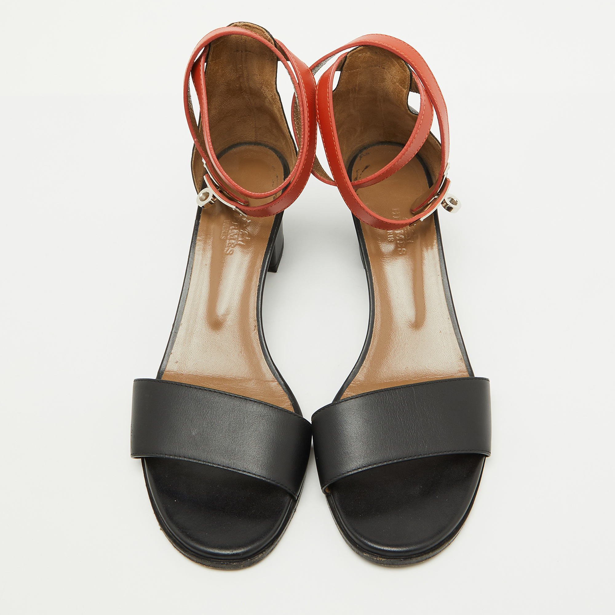 Hermes Black/Orange Leather Ankle Strap Sandals Size 38.5 